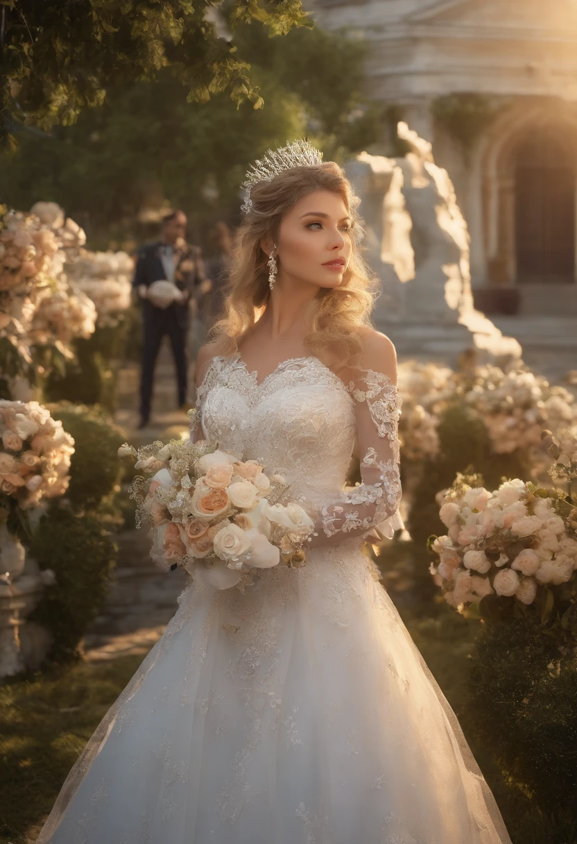 Noiva ((mulher)) e noivo ((homem)) realista, The faces of the couple are beautiful and proportional ((rosto detalhado)), mulher vestida de noiva com um longo e luxuoso de vestido de noiva, The groom is wearing an elegant suit. Couple is at a wedding ceremony in the garden, sol encharcado, Roberto Ferri e Ruan Jia, very magical and dreamy, noivos, Durante a Hora Dourada, imagem surrealista, golden hour sunset lighting, luz solar da hora dourada, Tiro na Hora de Ouro, soft golden hour lighting, sparkling in the sunlight. alta qualidade,master part, melhor qualidade, (extremamente detalhado CG unidade 8k papel de parede), (melhor qualidade), (best illustration), (Melhor sombra), absurdos, realistic lighting, imagem surrealista