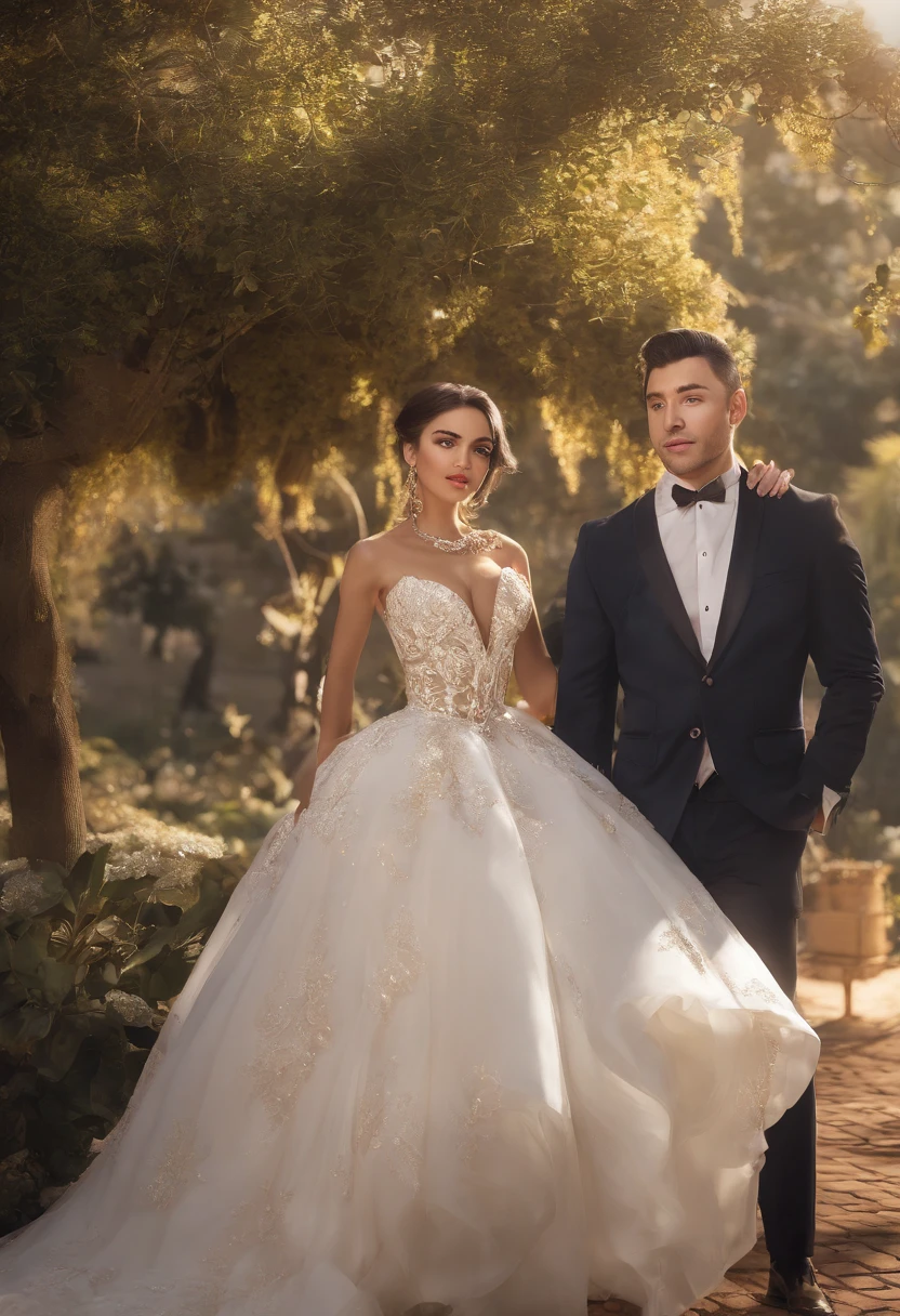 Noiva ((mulher)) e noivo ((homem)) realista, The faces of the couple are beautiful and proportional ((rosto detalhado)), mulher vestida de noiva com um longo e luxuoso de vestido de noiva, The groom is wearing an elegant suit. Couple is at a wedding ceremony in the garden, sol encharcado, Roberto Ferri e Ruan Jia, very magical and dreamy, noivos, Durante a Hora Dourada, imagem surrealista, golden hour sunset lighting, luz solar da hora dourada, Tiro na Hora de Ouro, soft golden hour lighting, sparkling in the sunlight. alta qualidade,master part, melhor qualidade, (extremamente detalhado CG unidade 8k papel de parede), (melhor qualidade), (best illustration), (Melhor sombra), absurdos, realistic lighting, imagem surrealista
