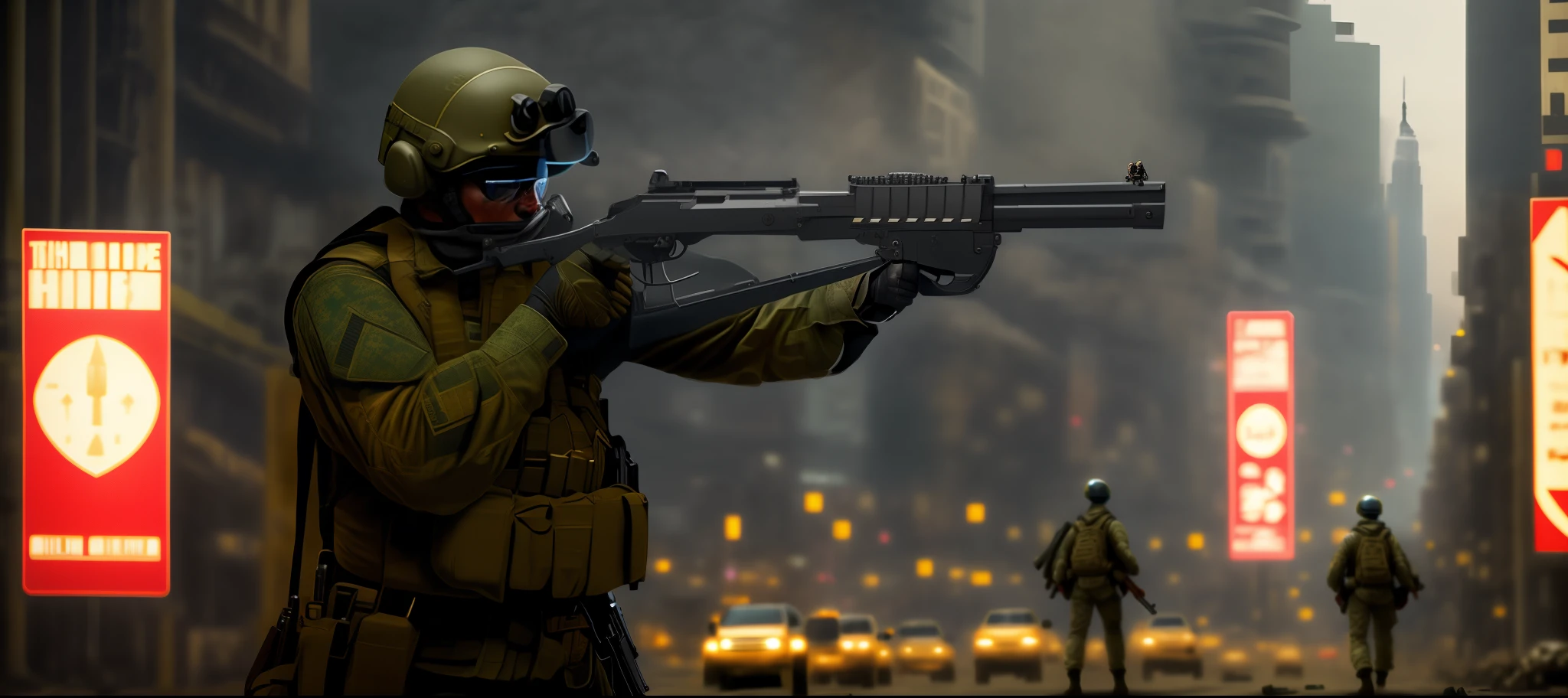 there is a man in a military uniform holding a gun, a soldier aiming a gun, holding a rifle, man is carrying a rifle, holding rifle, laser sights on weapons, military photography, with rifle in hands, military weaponry, firearms photography, airsoft cqb, realistic military gear, carrying a rifle, with rifle, heavily armed, holding a sniper rifle, new york city backdrop