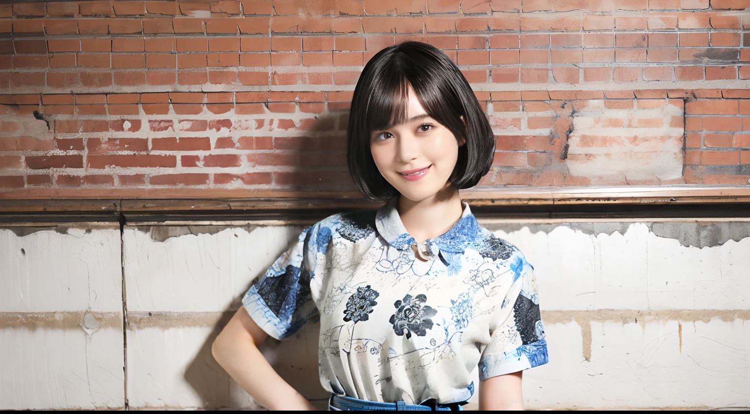 (Black Shorthair:1.2), (bob cuts), (a 20 yo woman), (A hyper-realistic), (Masterpiece), (8KUHD), ((Full body)), Smiling, Slender waist, Wearing jeans, ((Floral Clothing - T-Shirts)), large full breasts, Wearing long pants, Brick Wall, Graffiti on the wall, ((Spray Art)), (doodle:1.5)