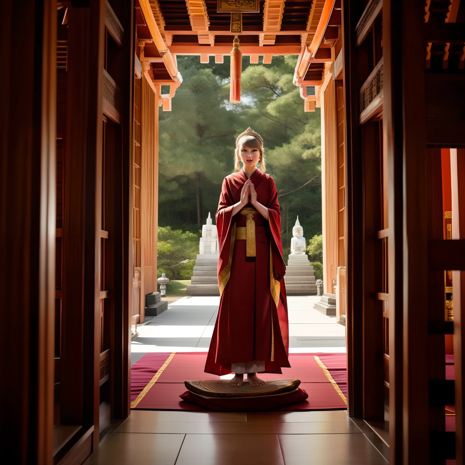 Taylor Swift as an ordained Buddhist Priestess, entering a Buddhist shrine barefoot, reciting mantras and chants before the feet of Buddha