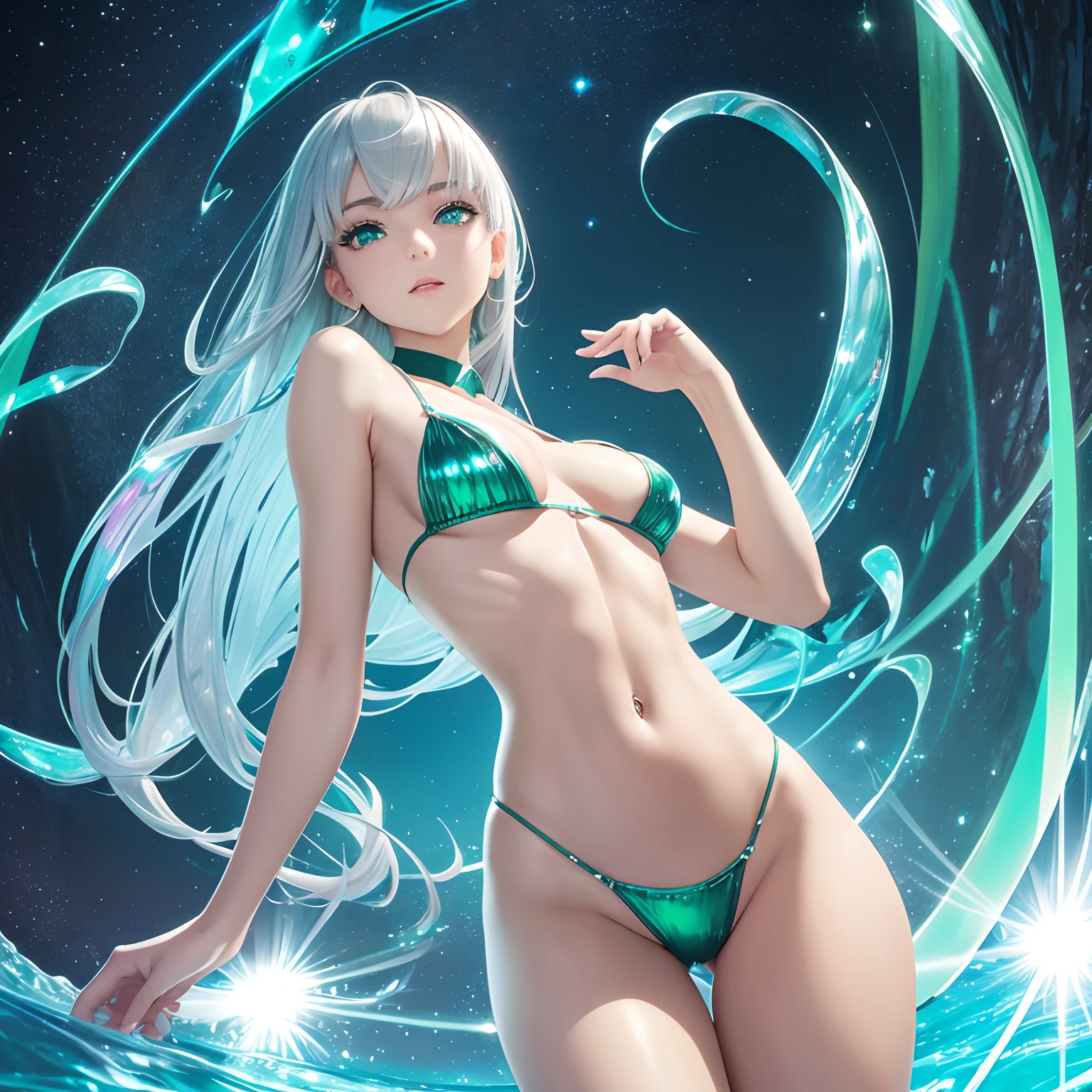 looking back, from below, finest image, beautiful girl, amorous expression, lewd expression, ecstasy, orgasm, light silver glossy braided bangs iridescent short hair, emerald green sparkling big eyes, very small breasts, abs, ass, perfect proportion, long thin legs, iridescent micro thong bikini, professional lighting