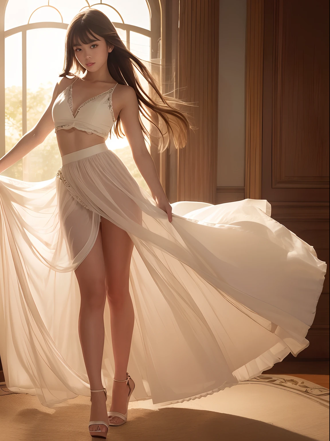 (masterpiece,(ultra realistic),32k,extremely detailed CG unity 8k wallpaper, best quality), photorealistic, ultra high res, intricate detail, (young), face highlight, detailed face, (1girl), perfect face, big eyes, detailed background, beautiful detailed eyes, (detailed fingers), detailed toes, dynamic pose, dynamic angle, detailed clothes, (nobra:1.6), (big breasts:0.8), slim body, (full body:1.6), white skin, mini-skirt, slim body, (see-through), (see-through bra), --auto --s2