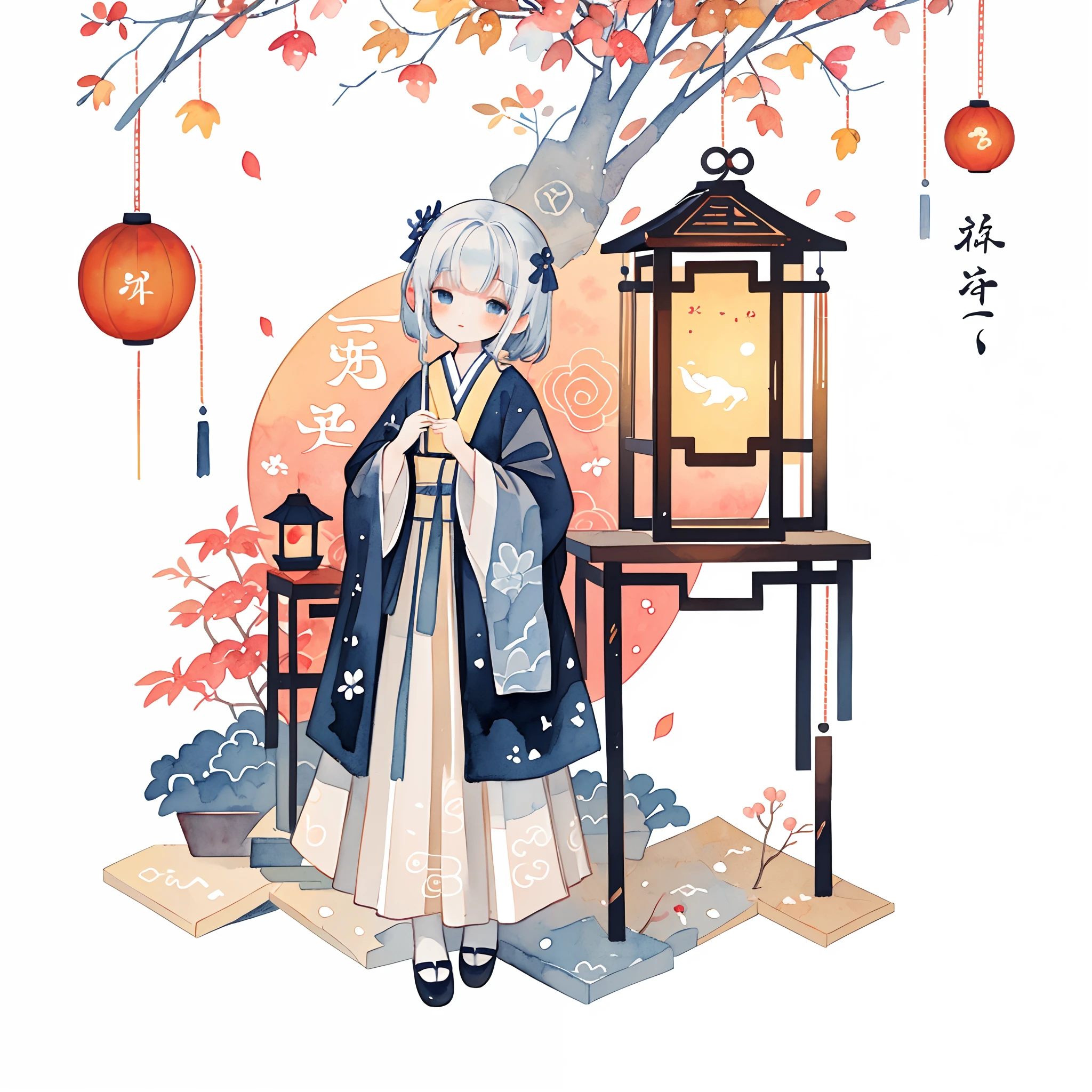 (pastelcolor:1.3)、(cute illustration:1.3)、(watercolor paiting:1.1),（A rabbit：1.4）, Leaning against the window, Look up at the moon, （（sweet osmanthus，Kongming Lantern，Meniscus，Moon cake：1.3）），Mid-Autumn Festival atmosphere：1.3，（Chinese kanji：1.3），Chinese Traditional illustration style, Digital art, Simple background, Masterpiece on white background, Best quality, Ultra-detailed, High quality, 4K