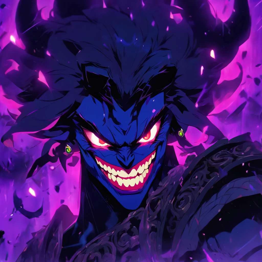 Black long-haired royal sister demon female warrior demon king ,Princess cut,On both sides of the head there are large goat coils with horns coiled next to the face,Sheep's ears,Wear earrings,Black soft nails on the chest show the chest,Upper body,Shark teeth,Purple pupils,diamond-shaped pupils,There were blood splatters on his face,Turning his head and laughing