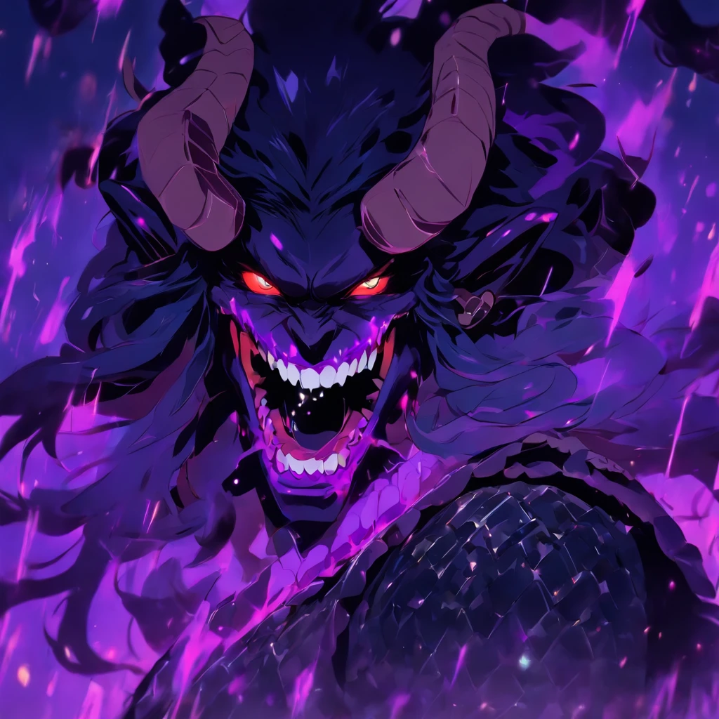 Black long-haired royal sister demon female warrior demon king  ，Princess cut，On both sides of the head there are large goat coils with horns coiled next to the face，Sheep's ears，Wear earrings，Black soft nails on the chest show the chest，Upper body，Shark teeth，Purple pupils，diamond-shaped pupils，There were blood splatters on his face，Turning his head and laughing
