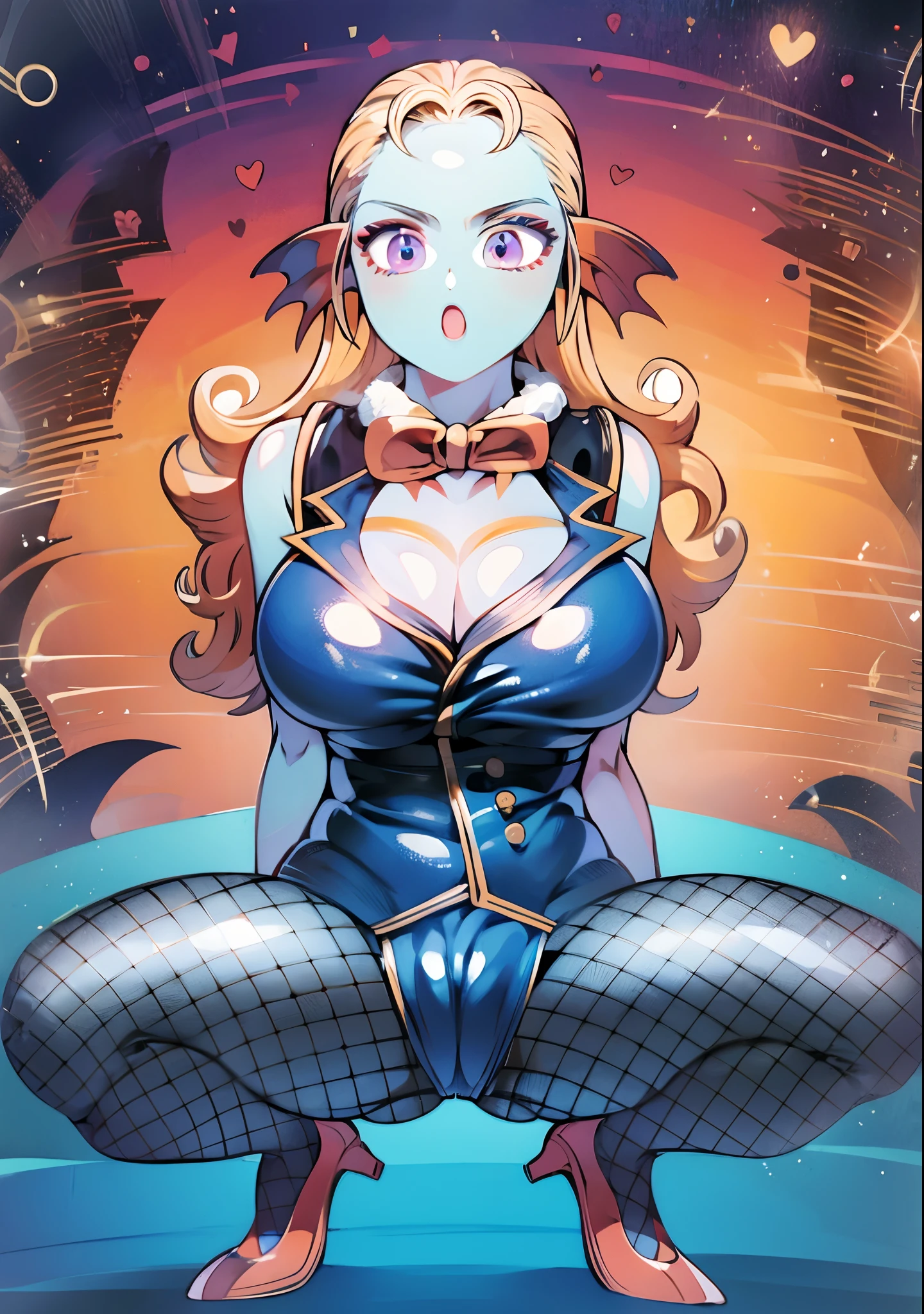 8K,High quality,Anime,married,Beautiful woman,Bright,Eye Highlights,Purple eyes,Sexy,ultra gigantic tits,oversized tits,Dark blue ,Erotic,beautiful line art. Blue skin, Blue and orange gradient fins, Dark Eye Makeup, The background is the seaside、Fishnet stockings for legs、red high-heeled shoes、spreading legs、Emphasis on the crotch、The clothes inside are red、Red pants in the crotch area、