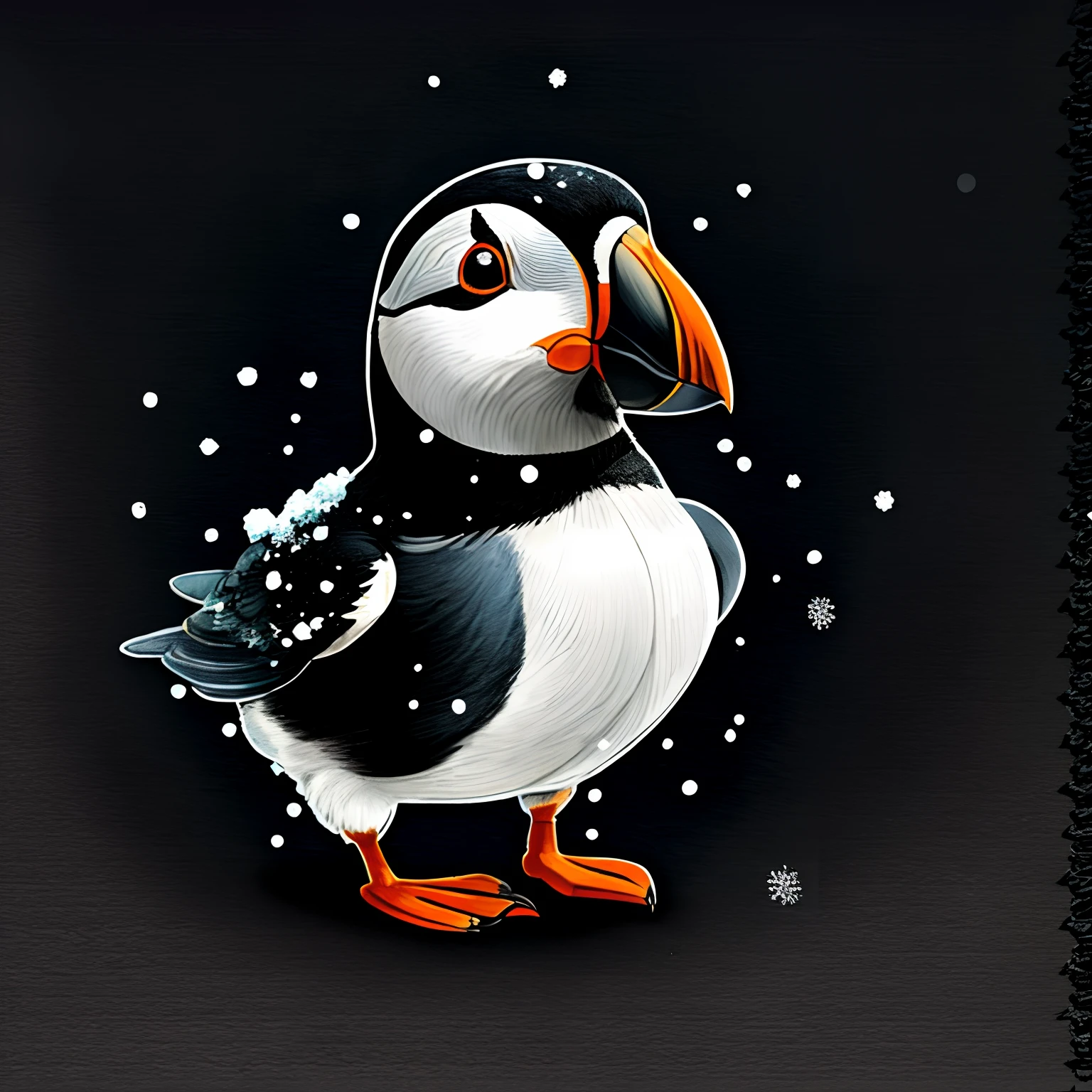 There's a cartoon puffin bird standing in the snow, papagaio-do-mar, arte digital detalhada bonito, hd illustration, An illustraion, in illustration style digital, painting digital adorable, pintado digitalmente, arte digital bonito, arte digital animal foto, "Retrato de um animal de desenho animado, anthropomorphic penguin, Highly detailed illustration, retrato conceito do pato da fantasia, stylized digital illustration