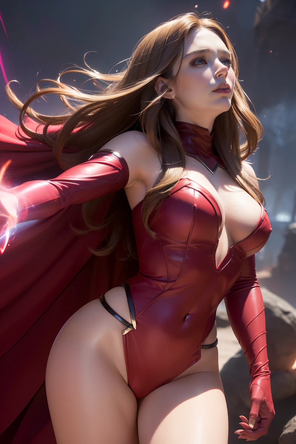 (masterpiece, best quality, ultra-detailed, 8k, wallpaper, photorealistic, cinematic), ((perfect hands)), ((perfect anatomy)), ((large breasts)), long round legs, round ass, ((alluring girl)), (close-up shot, side view), ((Elizabeth Olsen's portrayal of Scarlet Witch from the Marvel Cinematic Universe)), ((showcase her mystical powers and intense, enigmatic presence)), ((depict her in her Scarlet Witch costume, complete with the iconic red cape)), ((emphasize her energy manipulation abilities, with scarlet-hued energy swirling around her hands)), ((create a sense of otherworldly magic and power, and include subtle hints of the chaos magic she wields)), ((use a mix of dark and vibrant colors to convey both the mysterious and formidable aspects of this character)), ((dynamic background)), ((battle stance))