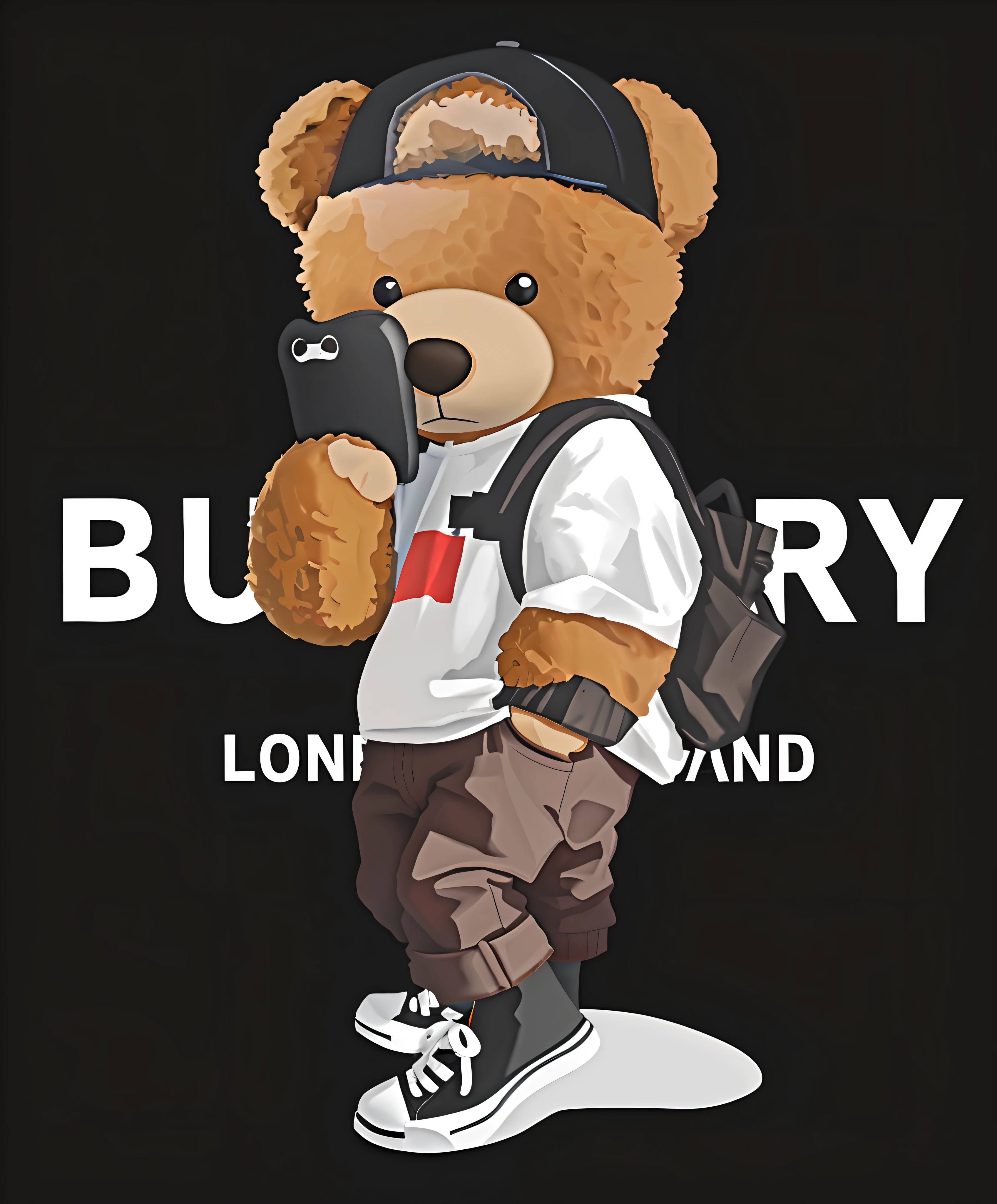 Pure black background with a teddy bear wearing a white t-shirt and jeans,holding cell phone, bearbrick,Wallpaper phone, Burberry hoodie, teddy fresh, full body mascot, Street attire,Draw with ps