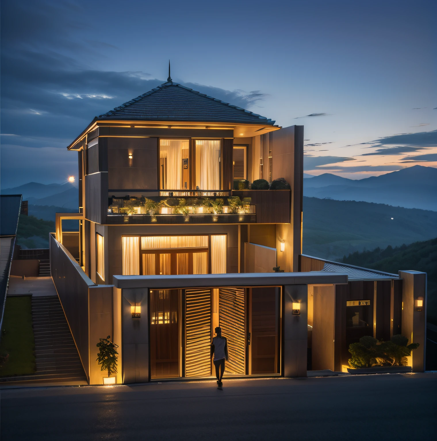 The Glass House, Two floors, Large living room with modern and cozy décor, Upstairs Rooms, Gorgeous surreal bathroom, stairs with plants and columns in the room, Location in the mountains, Beautiful view of the city, nightfall, Luxury cars on the doorstep, 8K, hiquality, Surrealist,  beste-Qualit