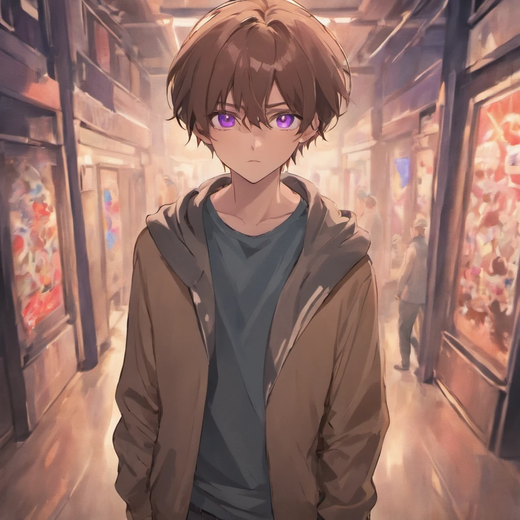 virtual_youtuber, 1boys, Male_Focus, Solo, brown_Hair, purple_Eyes, Simple_Background, brown_Footwear, straight-on, Looking_at_peeping at the viewer, Pants, White collared shirt, Hair_between_Eyes, (Very detailed eyes:1.5)