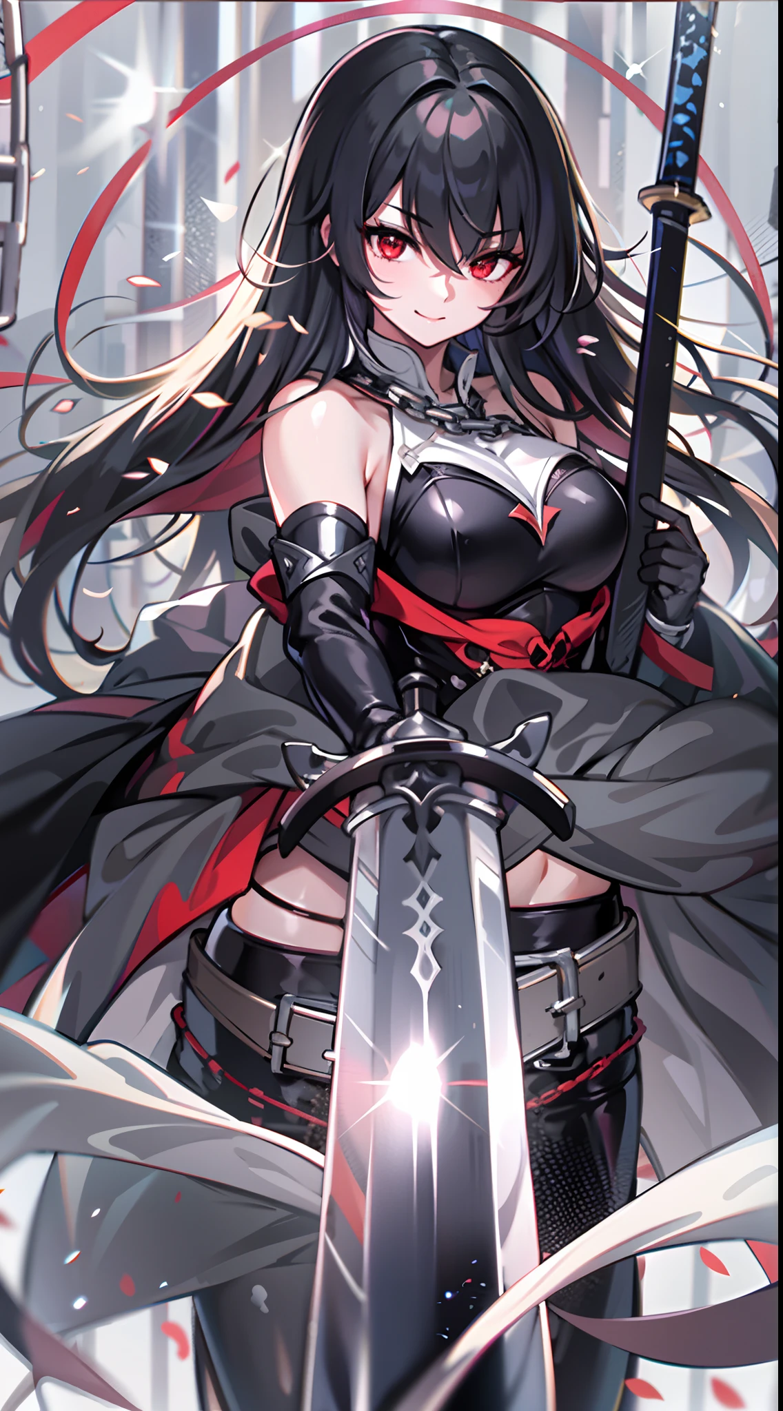 upper body, 1woman, grey-black hair, Long Haired, red eyes, ((swordwoman)), black cape, big breats, wallpaper, chain background, light particles, ((masterpiece)), ((best quality)), ((Top Quality)), pale white skin, solo, long black sword on back, closed-mouth smile