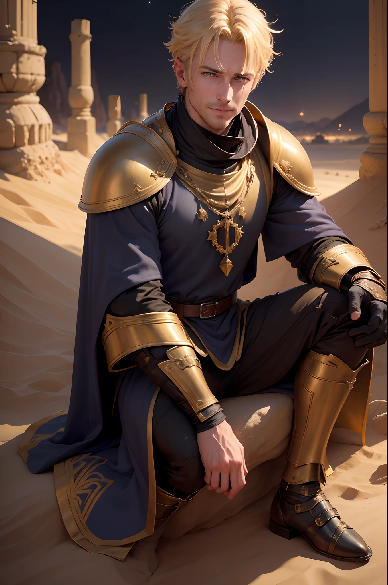 Realistic 8K image of a blond man, 30s, short hair, strong, blue eyes, square chin, dressed in black cleric clothes and golden shoulder pads RPG style, shy smile, mouth sore with herpes, sitting in the small nighttime ruins of a sand desert, night scenery