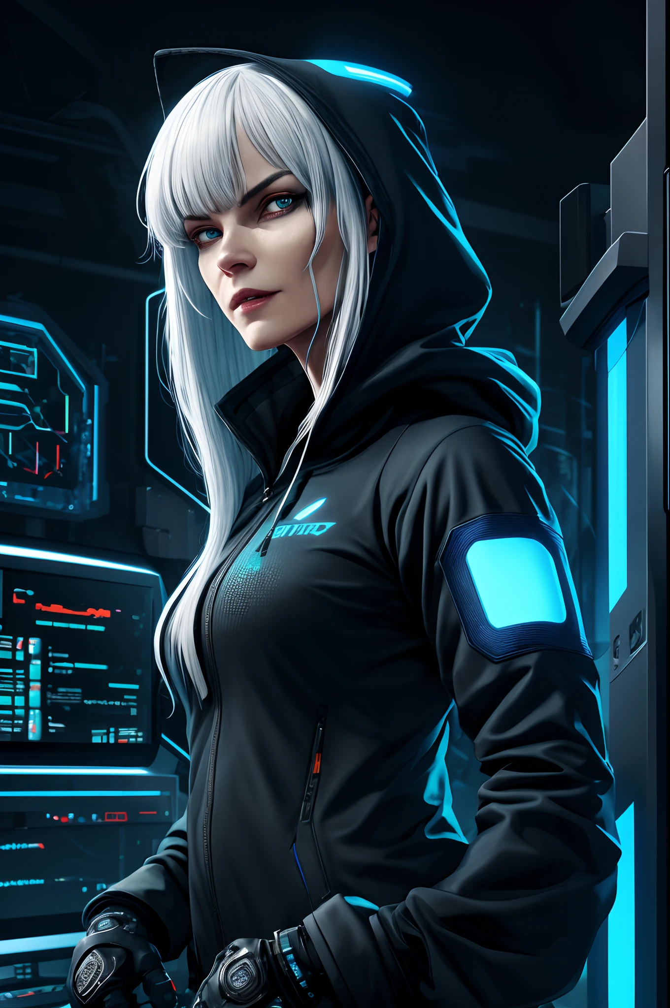 (absurdres, highres, ultra detailed), 1woman, mature female, aged up, wavy long hair, white hair, black eyes, bangs, long sleeves, finely detailed eyes and detailed face, extremely detailed CG unity 8k wallpaper, intricate details, portrait, looking at viewer, solo, (full body:0.6), detailed background, detailed face, (matrix theme:1.1) evil high-tech futuristic hacker,  advanced technology, hoodie, techwear, wearable device, keycard, cables, head-up display, blue (holographic display:1.05), access granted,   cybersecurity, server room in background, orange lights,  dark sinister atmosphere, , portrait, wind swirling