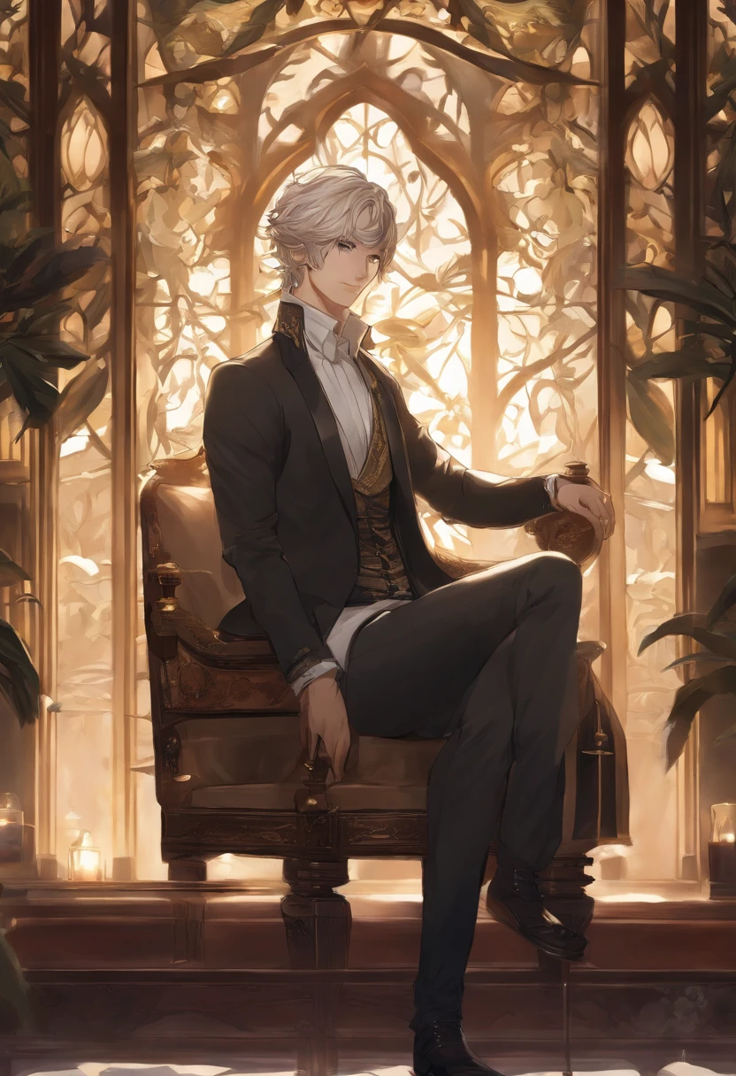 anime man assis sur une chaise avec sa main sur son menton,deriere lui le drapeau du Gabon, handsome anime pose, inspired by Bian Shoumin, Illustration officielle, shigenori soejima illustration, anime portrait of a handsome man, handsome guy in demon slayer art, Art officiel, Illustration officielle du personnage, young anime man, delicate androgynous prince, Art officiel des personnages, highly detailed exquisite fanart