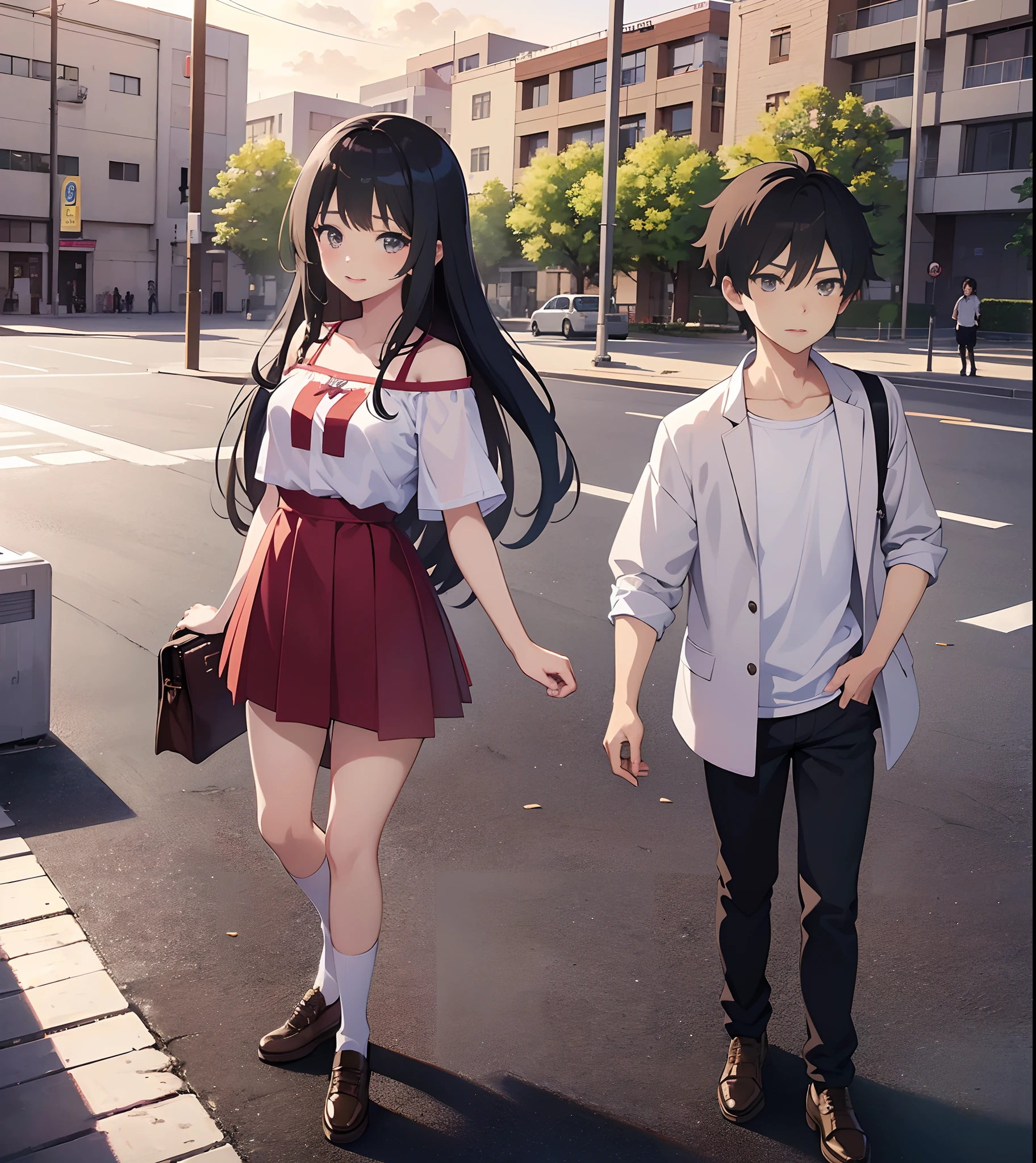 (there is a woman and a boy Stand standing side by side :2,0), a picture by Shingei, pixiv, shin hanga, hi - res scan, hi-res scan, at pixiv, in manhwa style,Hugging his girlfriend, sweet couple, official art, made with anime painter studio, in an anime style, 8k!!,(anime style),(a young girl with a young boy),(sweet face),(13 year old couple),(cute face),(smiley face),(full body shot),(loli and shota),(child couple in casual outfit),(junior high school student),((a girl with sexy outfit with hot pants)),((a boy with cool outfit)),((a girls showing Belly))
