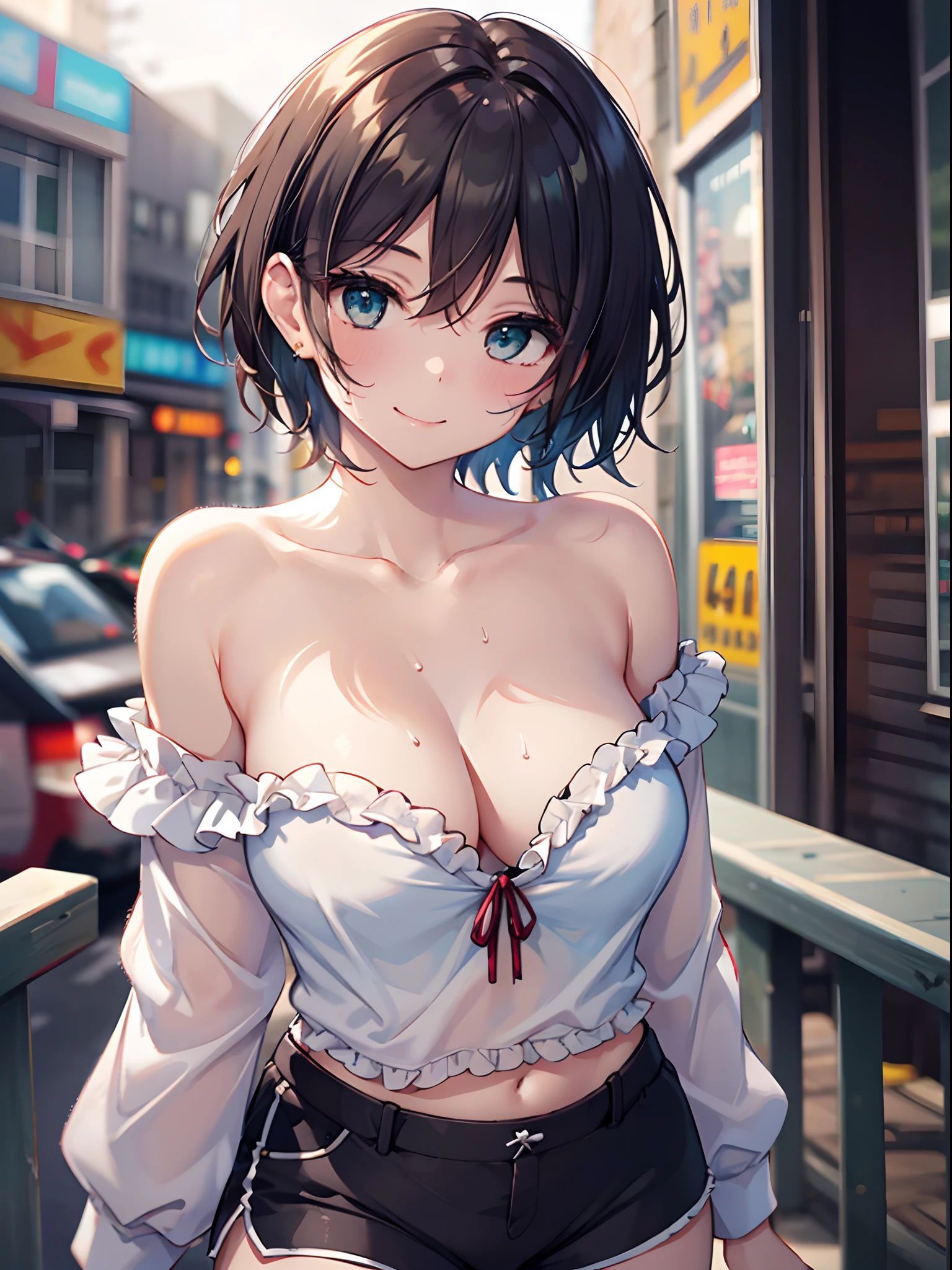 1girl in, (Chiquita:1.2), 1girl in, sarashina_ruka,  short-hair, Dark hair,
(Close Shot, Best Quality, hight resolution, 4K, Detailed Lighting, Shaders, ), 
White Off-Shoulder Ruffled Shirt,  Strapless, cleavage, Shorts, 
Smiling, Sweat, Nipple, 
plein air, Park,