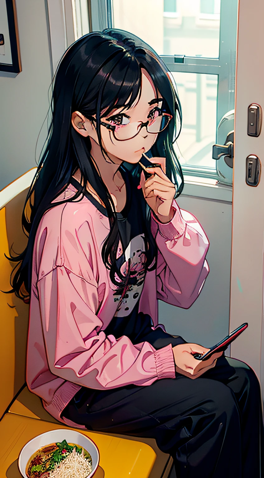 Inside the rental house,Black long-haired beauty wearing black glasses,Pink pajamas,Instant noodles,Sitting in front of your phone and turning on the live stream