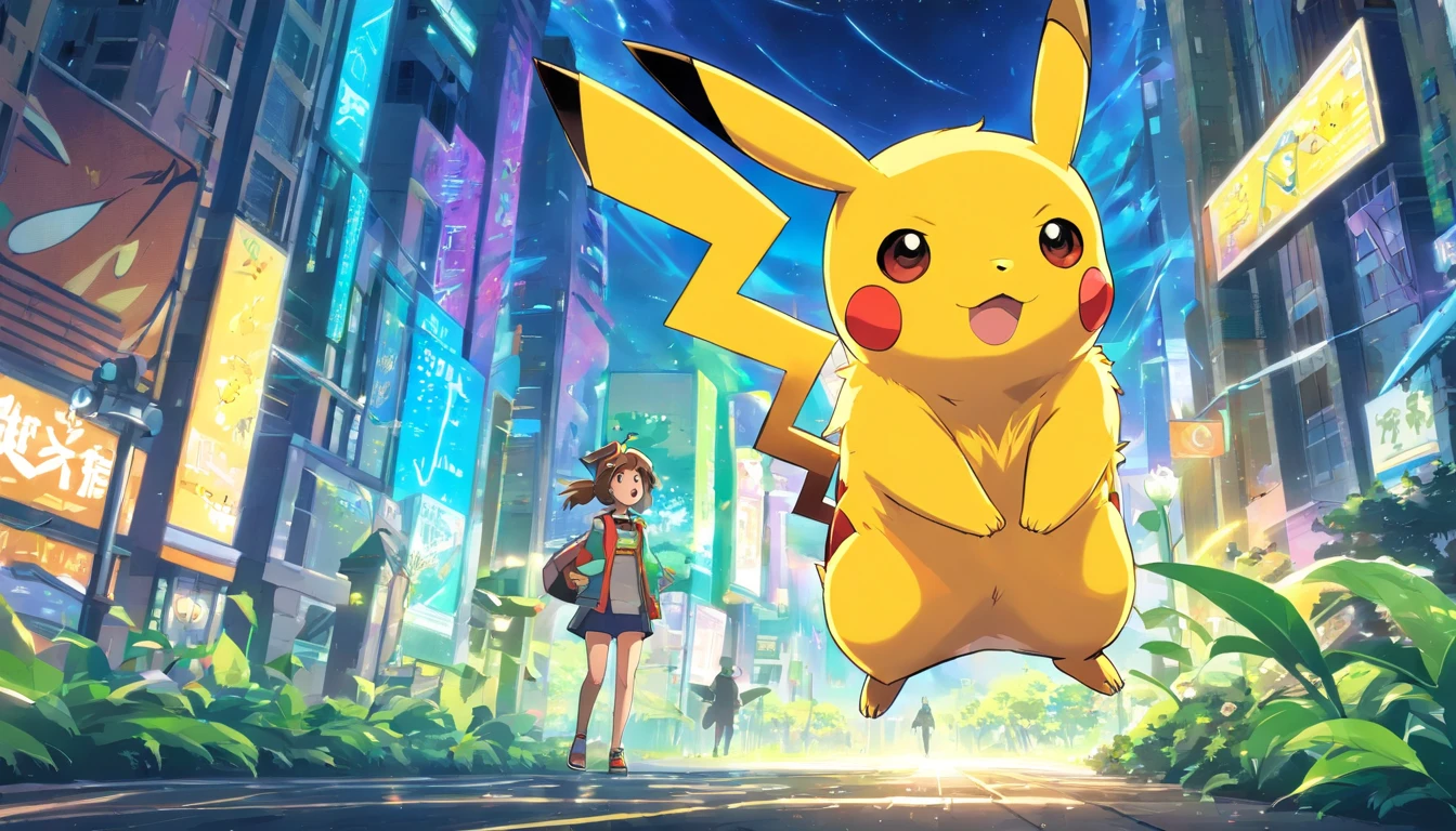 Pokémon Pikachu is flying over the sky of the city, Pikachu, Pikachu surprised, pikachu in a forest, concept art of pikachu, Pikachu Cyberpunk, pikachu in a forest, pikachu on acid, pikachu as a human, Pikachu Real Life, Pokémon Illustration, pikachu as jesus, megaman as pikachu, Pikachu in Space, pikachu tarot card, Mika Pikazo, Pokémon, Scary, Classic Academia, chalk art, Massive scale, Animation, depth of fields, a sticker, Azure color, Abstract, vacuum tube lighting, eight-bit