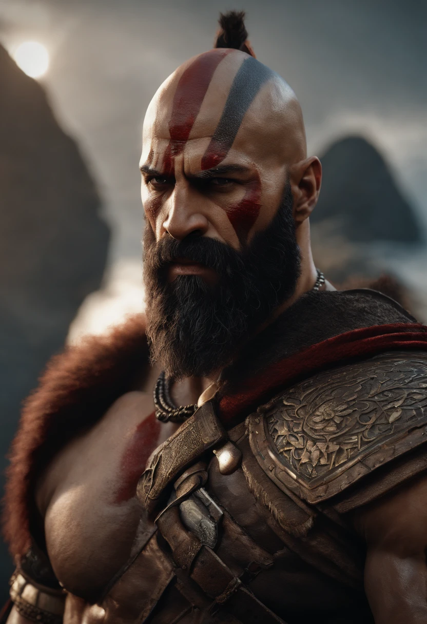 Um close-up de um homem barbudo, muscular character, muscular male hero, estilo fantasia 8 k octane render, 3d renderizar arte do caractere 8 k, Atraente macho de carne blindada, octane render personagem de fantasia, handsome prince of persia, Retrato de Kratos, Arte de personagem do Unreal Engine, Dwayne Johnson como Kratos, Guerreiro Masculino, Kratos, Espadas do Caos NAS Maos, Kratos, Skyline noturno da cidade cyberpunk, Estilo Nvinkpunk, Directed by: Jeremy Mann, Por Dave McKean e Richard Avedon e Maciej Kuciara, Punk rock, alto detalhado, 4k, RTX, Estilo anime, concebido, combate, sangue