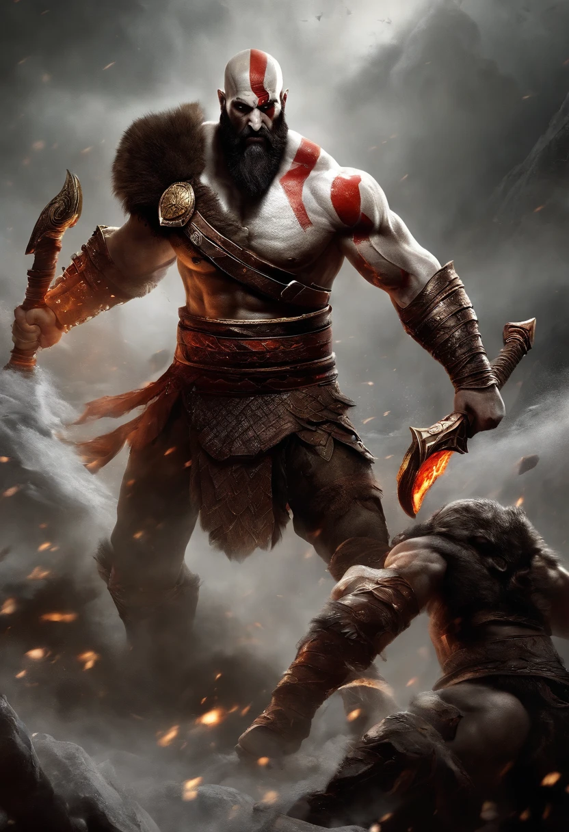 kratos In this epic portrayal, the God of War, a towering and formidable figure, stands at the forefront of a chaotic battlefield. His presence is both commanding and terrifying, as he wields a colossal, intricately designed weapon that gleams with divine power. His armor, adorned with intricate engravings, reflects the fiery glow of the flames surrounding him.
The God of War's eyes burn with an intense, otherworldly fury, casting a piercing gaze upon the chaotic scene before him. Bodies of mortal warriors are strewn about in various states of combat, their faces contorted with fear and anguish. The air crackles with energy, and the ground beneath the God of War's feet trembles with each of his deliberate steps.
With every mighty swing of his weapon, the God of War cleaves through the ranks of his adversaries, sending sparks and debris flying in all directions. His actions are both awe-inspiring and horrifying, as the divine power coursing through him turns the tide of battle decisively in his favor.
The scene is one of divine intervention, where the God of War, driven by an unquenchable thirst for victory and vengeance, leaves a trail of destruction in his wake, embodying the ferocity and might of a true deity of war.