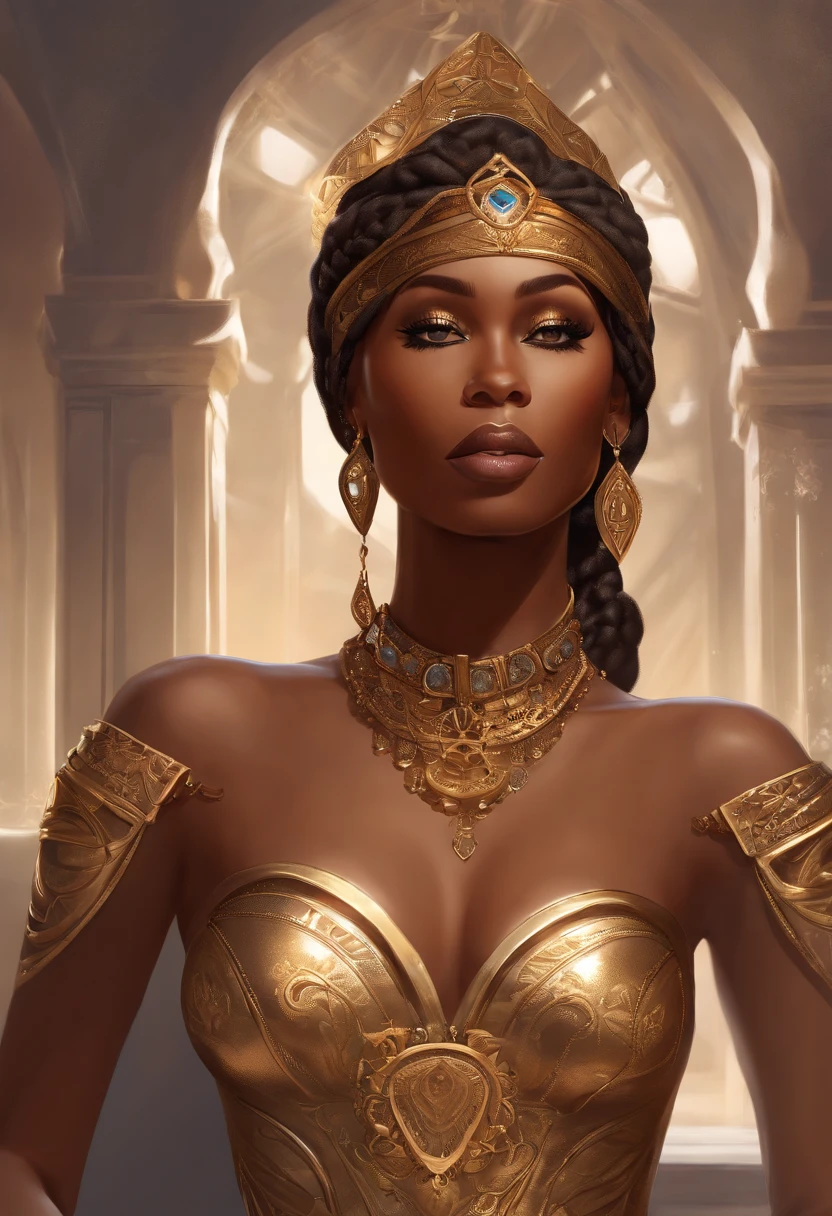 a digital illustration of black african woman in the style of Art Nouveau, steampunk, anime, pretty face, large scale, realistic proportions, highly detailed, smooth, sharp focus, 8k, ray tracing, digital painting, concept art illustration, by artgerm, trending on artstation, sony a1 (masterpiece) An insanely detailed photo of an extremely beautiful and sensual black woman tribal pintura de outo no rosto made out of gold, skin made out of liquid gold, with golden eyes, in the style of bio art, raw metallicity, black and white mastery, golden African influence, pure color, close-up, woman, stock photo, masterpiece, best quality, high quality, extremely detailed cg unity wallpaper 8k, scenery, award winning photography, hdr, trending artstation, trending cgsociety, intricate, high detail, cinematic lighting, beautiful woman, humanoid --auto --s2
