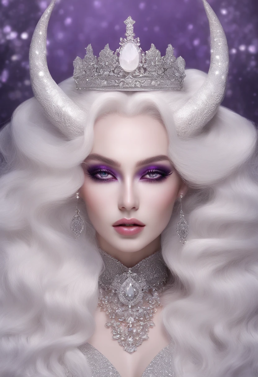 Royal Sister Demon King，White skin and delicate complexion, European and American makeup is slightly smoky，a purple eye, Black hair，Straight hair，Sheep's ears，Large plate horn of goats，With earrings，face with blood stains，Princess cut hairstyle， eerie, Creepy, nightmarish, Very bright colors, Light particles, with light glowing, Mshiv，big laughter，fang, wallpaper art, UHD wallpaper