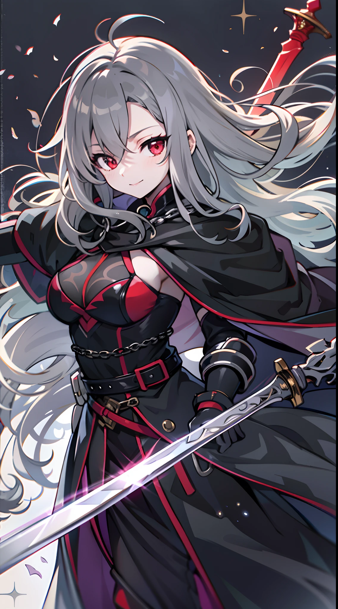 upper body, 1woman, grey-black hair, Long Haired, red eyes, ((swordwoman)), black cape, big breats, wallpaper, chain background, light particles, ((masterpiece)), ((best quality)), ((Top Quality)), pale white skin, solo, long black sword on back, closed-mouth smile