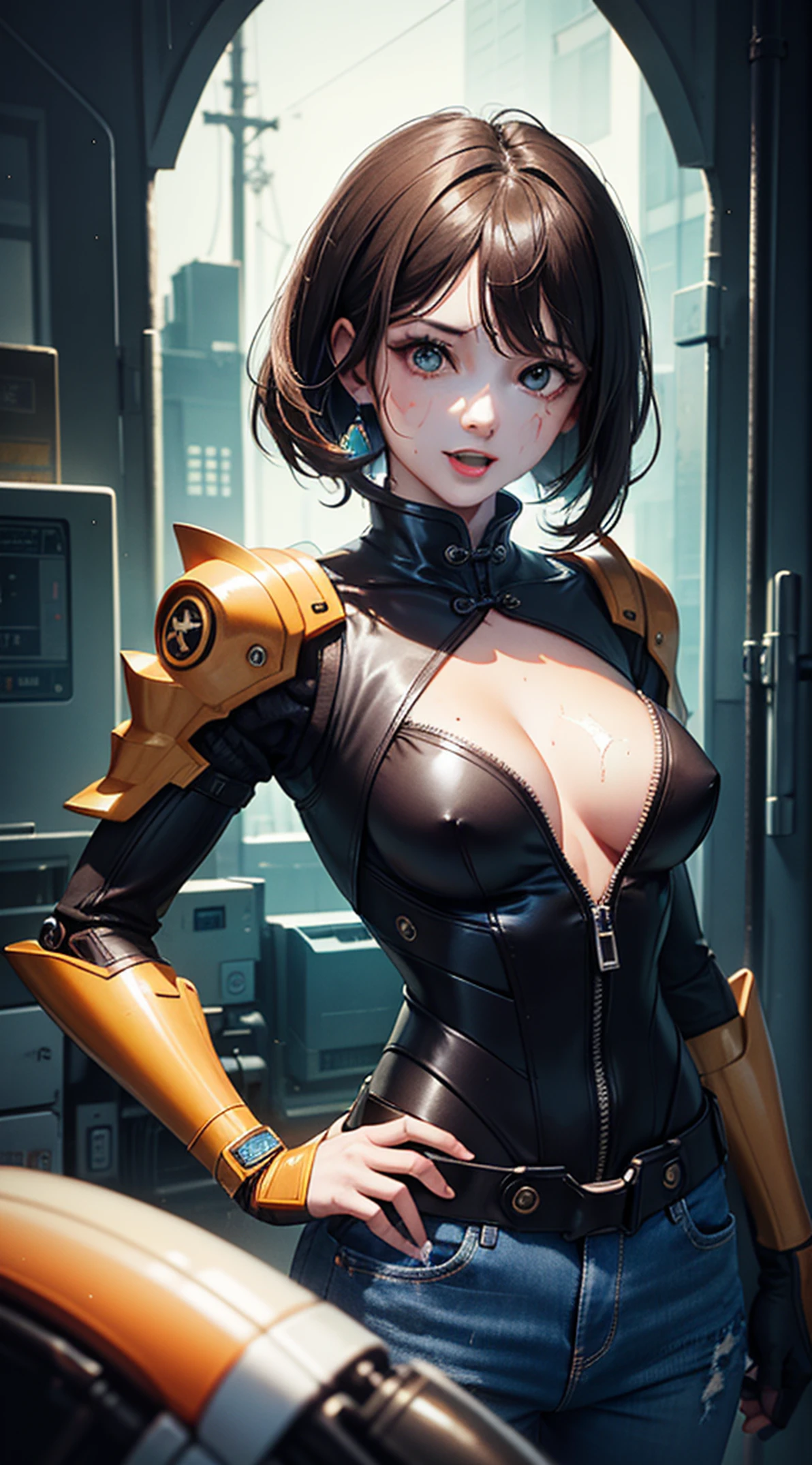 Woman in high skirt standing in artwork room with dark furniture, 1girl in, Short hair, Looking at Viewer, drapes, denim, inside in room, Large breasts, cleavage, (masterpiece), (Photorealsitic), ultra-detailliert, 超A high resolution, beautifull detailed face, A smile, Constriction, short-cut, Beautiful detailed skin, Skin Texture, Professional Lighting, Wait for the platform train, Whole human body, Brown hair, ghost_Rider Costume, Beholder, ultra realist, chroma, Photorealsitic, color parted, Shaded, flawless, Maximum reflection, Gradual reflection, octans_rendered, Open Guru, Shaders, nffsw, XT3, 64k uhd, 32K, 16 K, 8K, Digital SLR, nffsw, Unreal, nffsw, analogy, Ultras_Sharpness focus, FXAA, VFX, tokusatsu, FKAA, TXAA, nffsw, Post Production, cellshading, tonemapping, Lightning Contrast Shadow, 3DCG, Fire Follet, Dazzling mounts, motor cycle, "heavy metal", queen, carismatic, Cosplay, lo fashion, Baroque symmetry, goddes, Athletic Diva, Black hairstyle, dreadlock hair, curlyhair, agate, Black skin, sun burn, epic poem, a gorgeous, Clean cheekbones, effect, embarrassed from, Lazuli, ultra beautiful, Dark brown, Black Airi, Turquoise Blue, sapphires, open open mouth, Obvious smile, (water dripping), White leather chest of drawers, Satin saffron orange, Yellow skirt, Gothic Zip, tin,tread, Thick, Hunt Spinel, Diamonds, heart mark, gemstone, firey, opal, stainless steel, Rune Armor, chromium, Flat Band, Richly decorated glyphs, Ornate lava, navy, plasma, tourmaline, Silver, planet earth, Incandescent, The Flash, depths, deph of field, a street, Background with, Florezon, (masutepiece),(Best Quality),((masutepiece)),(hight resolution), Original, (Very detailed 8k wallpaper),depth of fields, absurderes,ooking at Viewer,(Chinese-style architecture),((Cyberpunk City)), (Light damage), rainy evening, (Wet), (Cyberpunk), Science fiction, workshop,Chinese Red Mecha,Naughty face
1 girl, (Beautiful and detailed facial depiction), gloom, sad, ((Shiny skin)), {extremely delicate and beautiful},(Beautiful and detailed eyes description), delicated face, (Upper body), Chinese-style clothing,chinese hanfu,White and blue Taoist robes, (Color cheongsam), (mixed race),(Colored tips), Shiny hair,
((exoskeleton)), (Mechanical joints), (Mechanical parts), ((Internal structure)), (Detailed structure), hair rings, Mechanical internal structure, Delicate internal structure,
(cables), (wires), (piston), electricity, (Shining Orb), (Luminescence engine), Energy Cannon, (Energy Core),(cable connected to the body), (Wires connected to the body), (Robotic arm), ((Electronic Color)),
pauldrons, (Scapula cannon), screw, Piug, Ventilation fan, 。.3D, 3d rendered, Beautifully Lit, Ray tracing,
Scattering particles, deadpan, Slim waist, Outdoors, Detailed background, (neon light), lighting face, stars in the eyes,Perfect composition,(Sexy:1.3),(Chinese style:1.5),Optical engraving,(hair over shoulder:1.3),