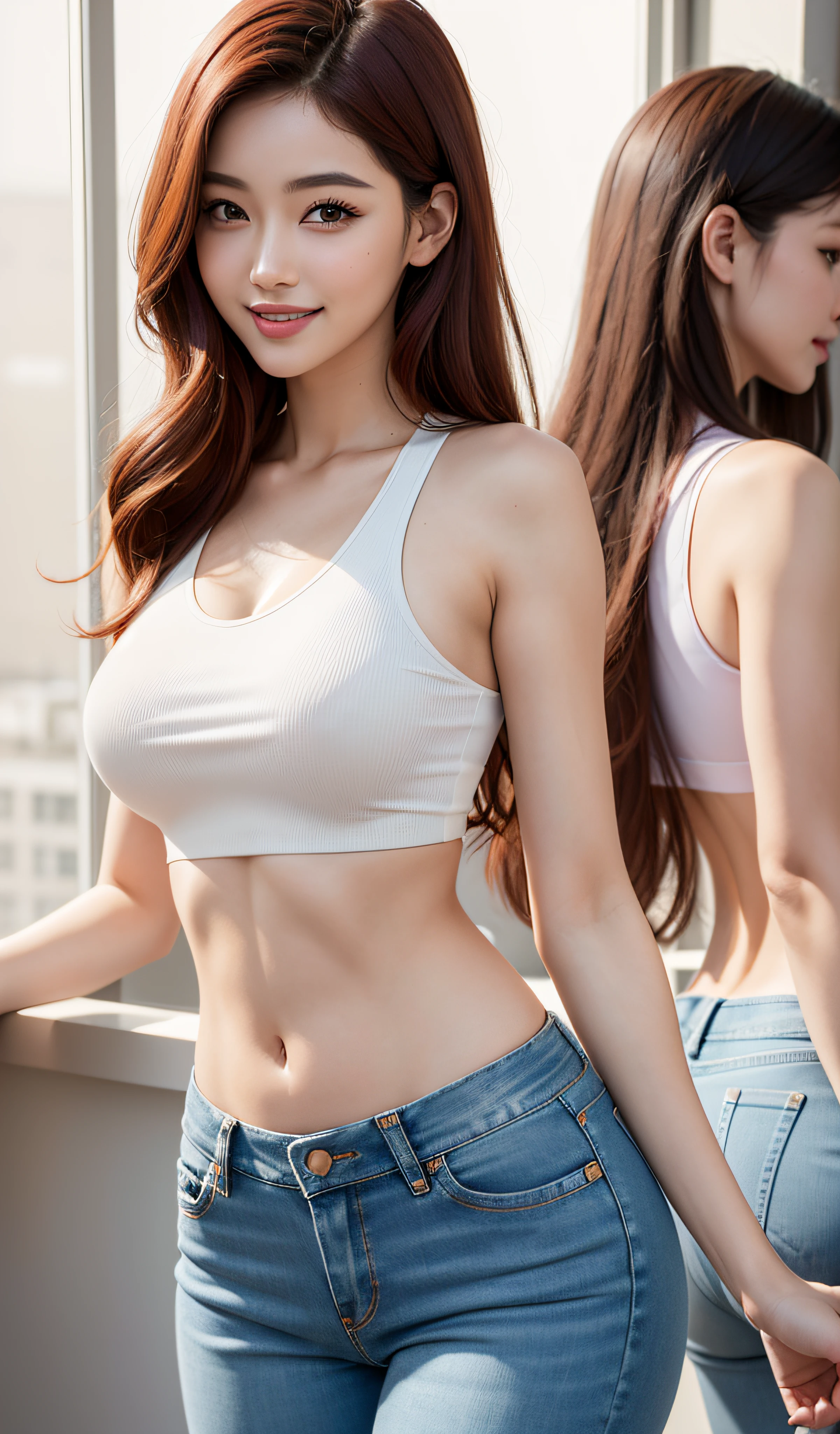 8K, Masterpiece, RAW photo, Best quality, Photorealistic, Extremely detailed CG unifies 8K, 8K, Diamond, and wallpaper, Depth of field, Cinematic light, Lens flare, Ray tracing, Super sexy Maria dressed (Low-cut and tight (Ultra-short,denim hot-pants)),((full bodyesbian)),((Long legs)), (thigh gap:1.5),(big assa),(Upturned buttocks),Pretty Korean girl, Kpop idol, 1 girl, (Very slim and slender muscular body:1.3), ((view the viewer)),(Big smile:1.3),(big assa),(Upturned buttocks),((White crop top top:1.5) Vest with exposed neckline), Short hair, Red hair, photorealestic, photography of, (A high resolution), (realisticlying:1.4), (very intricate), (exquisitedetails), highly detailed, A high resolution, Original, Extremely detailed 8k wallpaper, best qualtiy, 详细的脸, ultra - detailed, RAW photogr, realisticlying, (Extremely beautiful face, Beautiful lips, Beautiful eyes), intricate detail face, ((ultra detailed skin),(Low-cut and tight (Flare Jeans)),(thigh gap:1.5),(big assa),(Upturned buttocks), (view the viewer:1.3) Short hair, Red hair,open breast, Very slim, Medium breasts, Turn Back, Back shot, , underwear