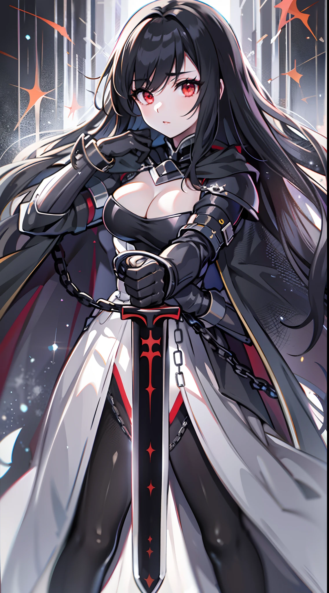upper body, 1woman, grey-black hair, Long Haired, red eyes, ((dark knight)), black cape, big breats, wallpaper, chain background, light particles, ((masterpiece)), ((best quality)), ((Top Quality)), pale white skin, solo, long black sword
