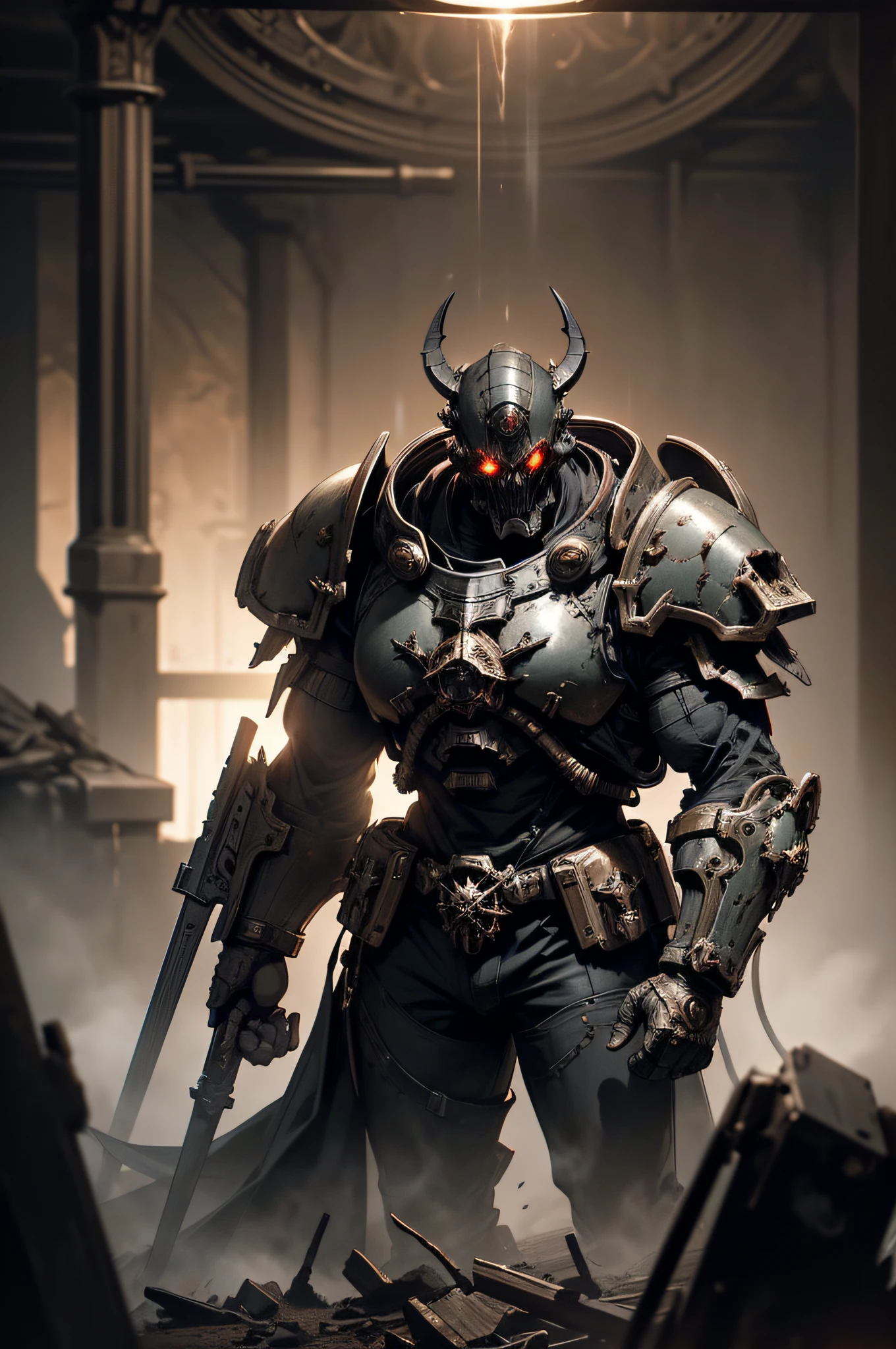 A Space marine, with bolt gun, fighting in a wasteland, Chaos marine, Warhammer style, Skull symbols, detailed hands, (Burning red eyes), , Red-blooded pentagram, Glowing Grimmore closes, summoning circle, Rusty chainsDiscreet lighting, gloomy atmosphere, dark shadows, subtle highlights, mysterious aura, panoramic photography, wide-angle perspectives intricately details, Highly detailed, volumetric lighting, 4K rendering, stock photo, Ultra photo realism, Lifelike texture, Dramatic lighting, illusory engine style of dark fantasy art, dark fantasy artwork, dark fantasy character design, dark fantasy concept art, gothic fantasy art