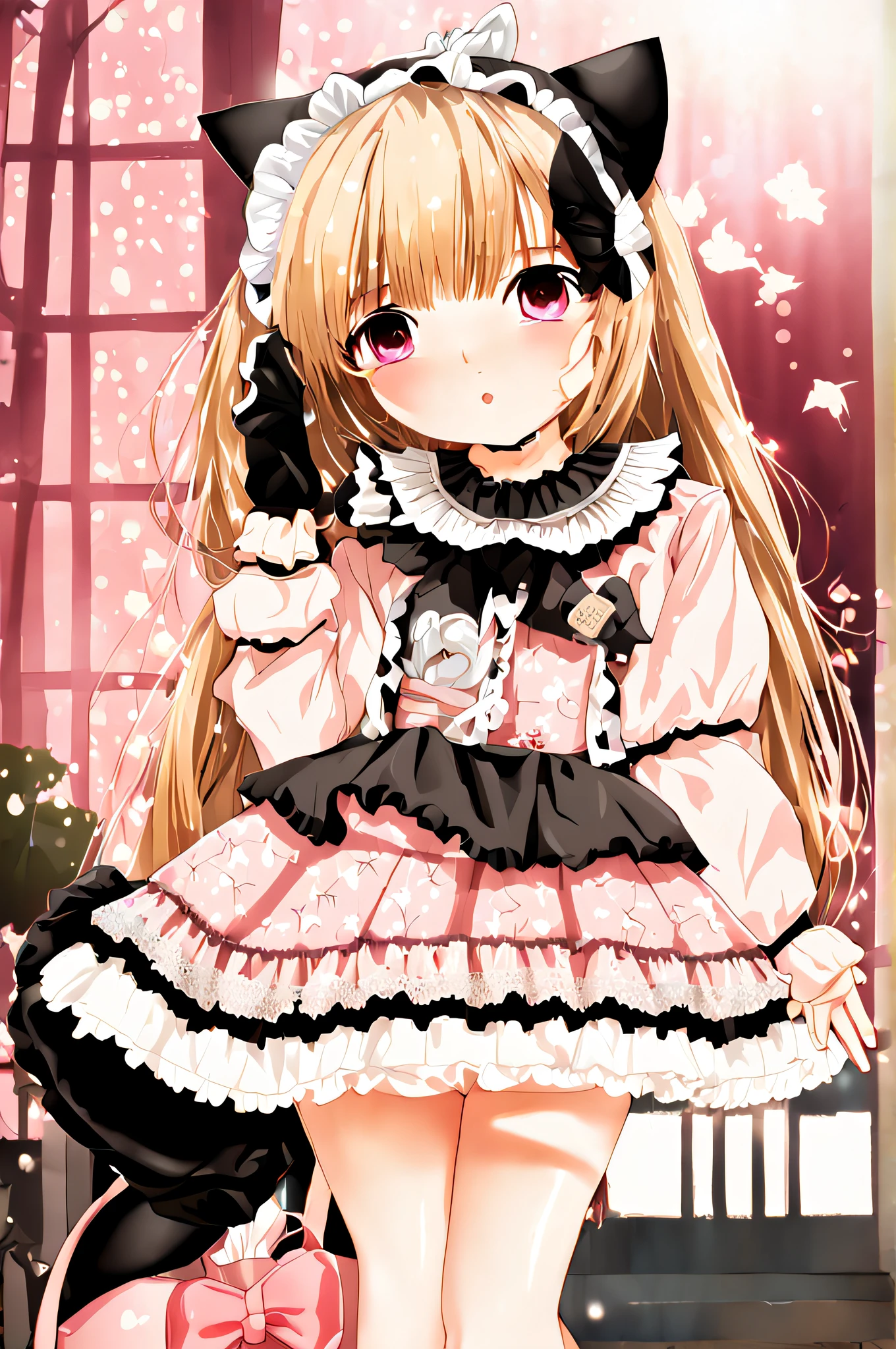 masterfully detailed, 8K photos, hyper realism, Professional lights, Realistic background, Visual depth, Background bokeh, wide-shot, all body, (, adorable, loli, flat chested, cat ears), 1女孩, Colored eyes, gold hair, (Lolita stylish: 1.5), (lace, frill blouse, White petticoat, sneakers), (plushie), Cute pink backpack, street, trendy
