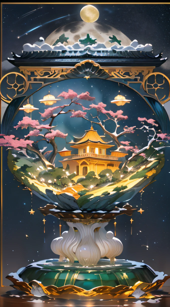Orange moon,Guanghan Palace,Emerald base,full moon,The pot is composed of Hetian jade,Crystal clear jade carvings,The ivory tortoiseshell is full of color, clearly visible,(Star Draft,starryskybackground,In the glow-in-the-dark world:1.45),