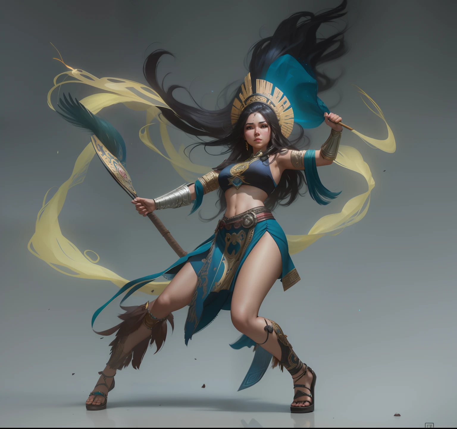Arafed Mujer con vestido nativo sosteniendo una lanza y un palo, Chengwei Pan en ArtStation, Diosa guerrera azteca, WLOP y ROSS Tran, CGsociety de cuerpo completo, Artgerm Julie Bell Beeple, Ganador del concurso CGSOCIETY, Ganador del concurso CGSOCIETY!!, Tendencias en CGsociety, Arte de Wlop y Greg Rutkowski