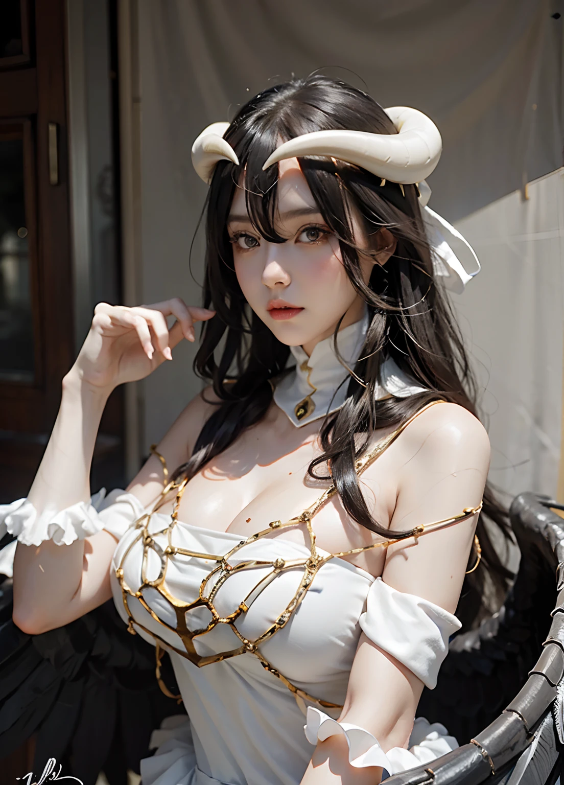 albedo from overlord, trending on pixiv, Trending Anime Hyperrealism, Albedo Signature Horn, curvy but slender, Signature White Dress, Signature pose at the mansion, An majestic、爆乳、large full breasts、drooping bangs、Chubby beauty