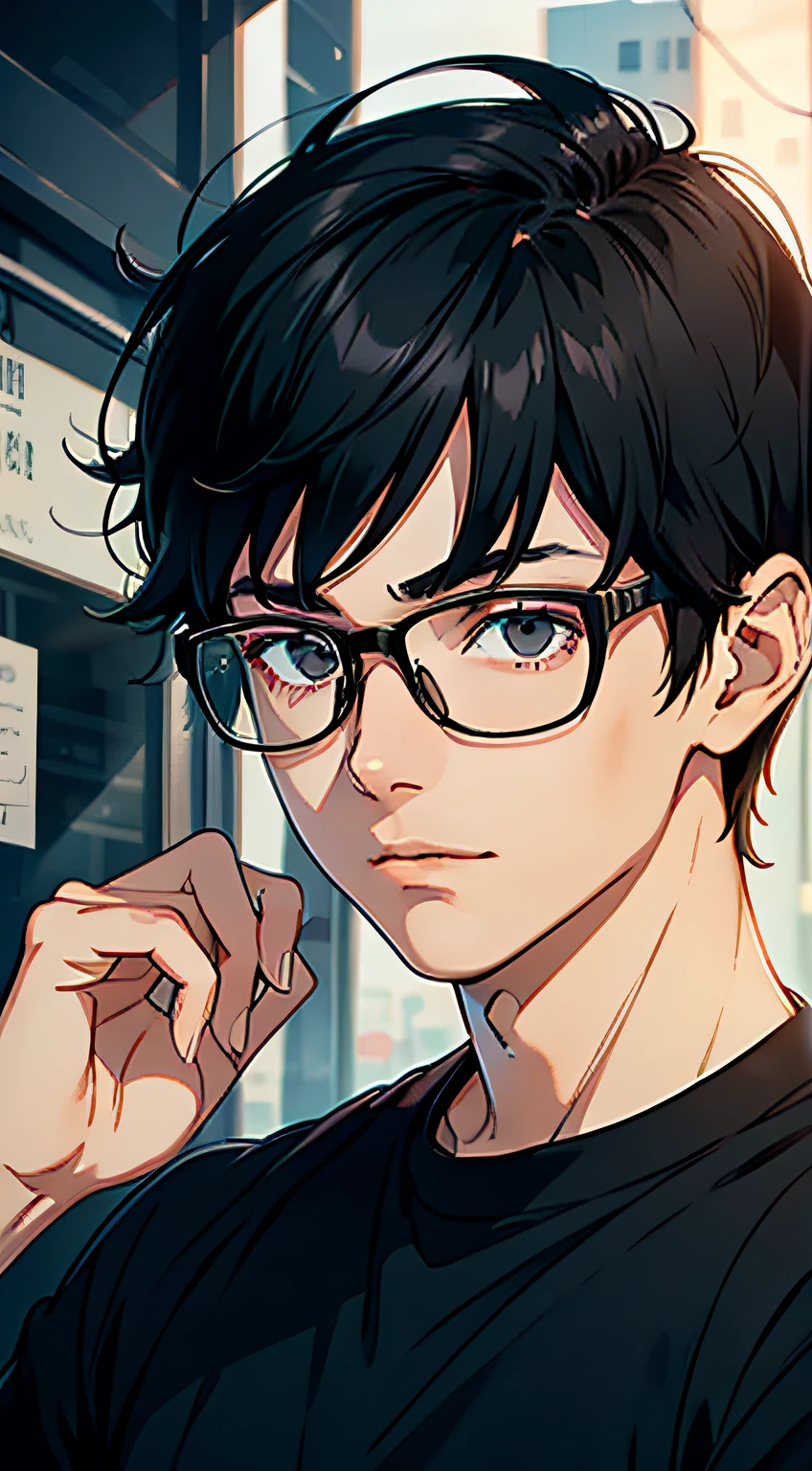 A quiet boy with short black hair wearing black glasses