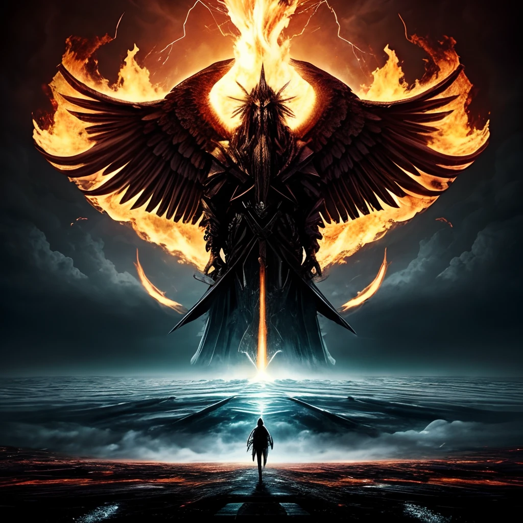 an impressive and fantastic artistic representation. A imagem retrata um esqueleto humano completo, with bright white bones standing out vividly amid an apocalyptic backdrop. O esqueleto tem majestosas asas de anjo que se espalham amplamente, Creating a command presence. The world around you is engulfed in flames, com chamas altas e estranhas subindo, enveloping everything in an atmosphere of chaos and destruction. The image should convey the feeling of an epic and supernatural moment.