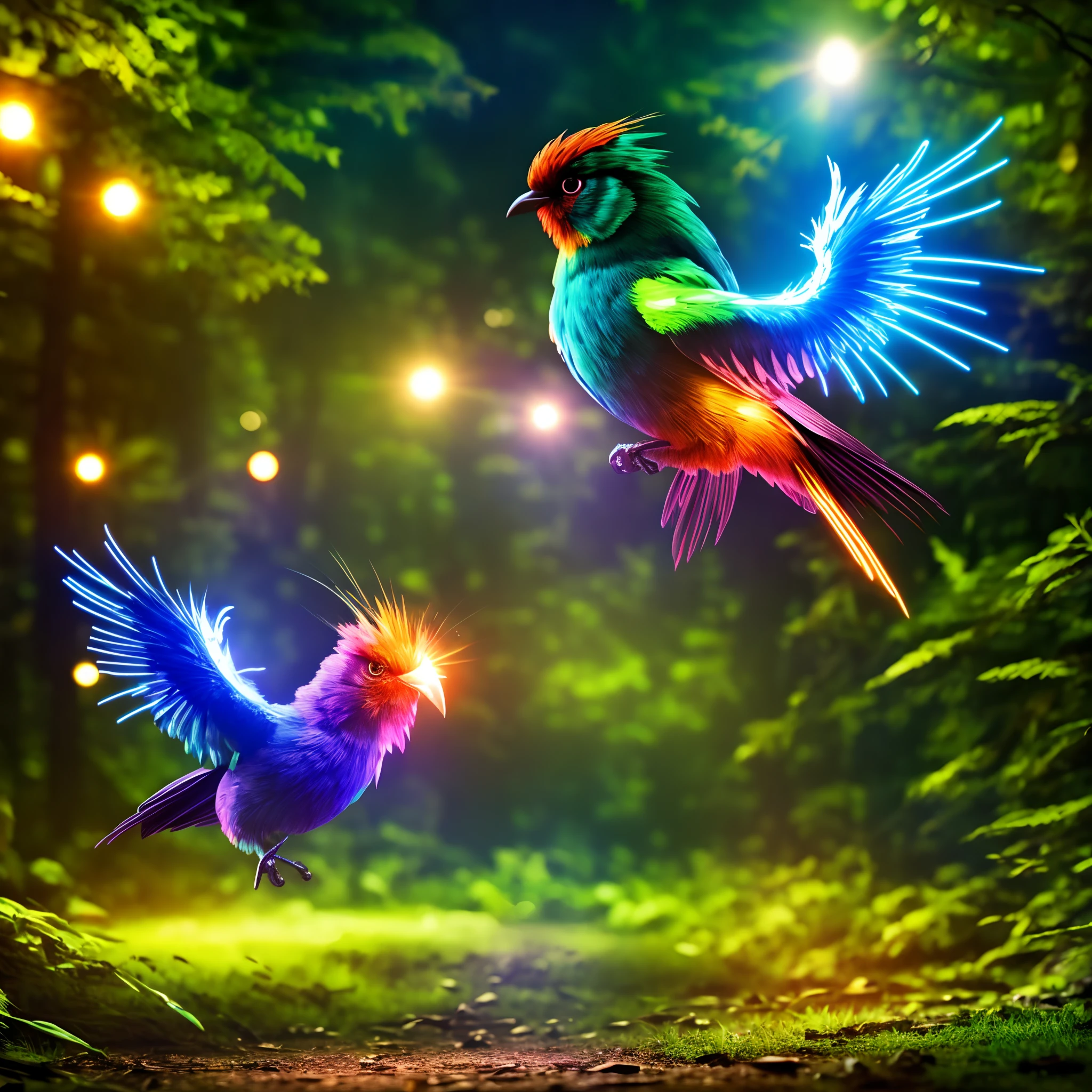 blazing fast neon chibi bird speeding through the lighted forest at night, motion blur, cool lighting effects, glowing eyes, bright vivid colors, ultra hd, realistic, vivid colors, highly detailed, UHD drawing, pen and ink, perfect composition, beautiful detailed intricate insanely detailed octane render trending on artstation, 8k artistic photography, photorealistic concept art, soft natural volumetric cinematic perfect light