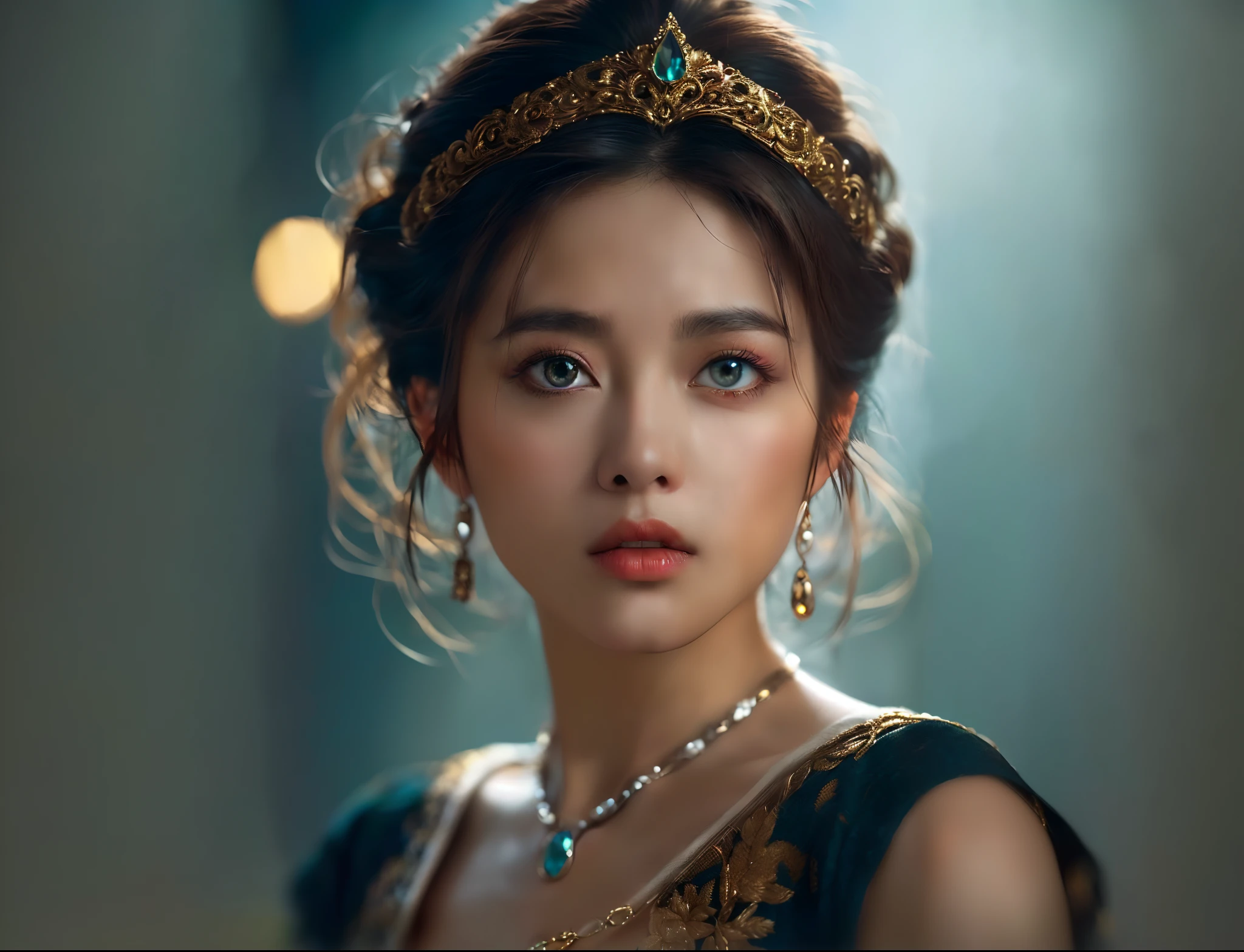 a close up of a woman wearing a tiable and a necklace, Soft portrait shot 8 K, Rendu portrait 8k, a beautiful fantasy empress, beautiful portrait image, gorgeous face portrait, beautiful fantasy portrait, beautiful fantasy art portrait, princess portrait, Palace , A girl in Hanfu, detailed beauty portrait, Phlegm sputum, phlegm. 4 k'', very beautiful portrait, beautiful female princess