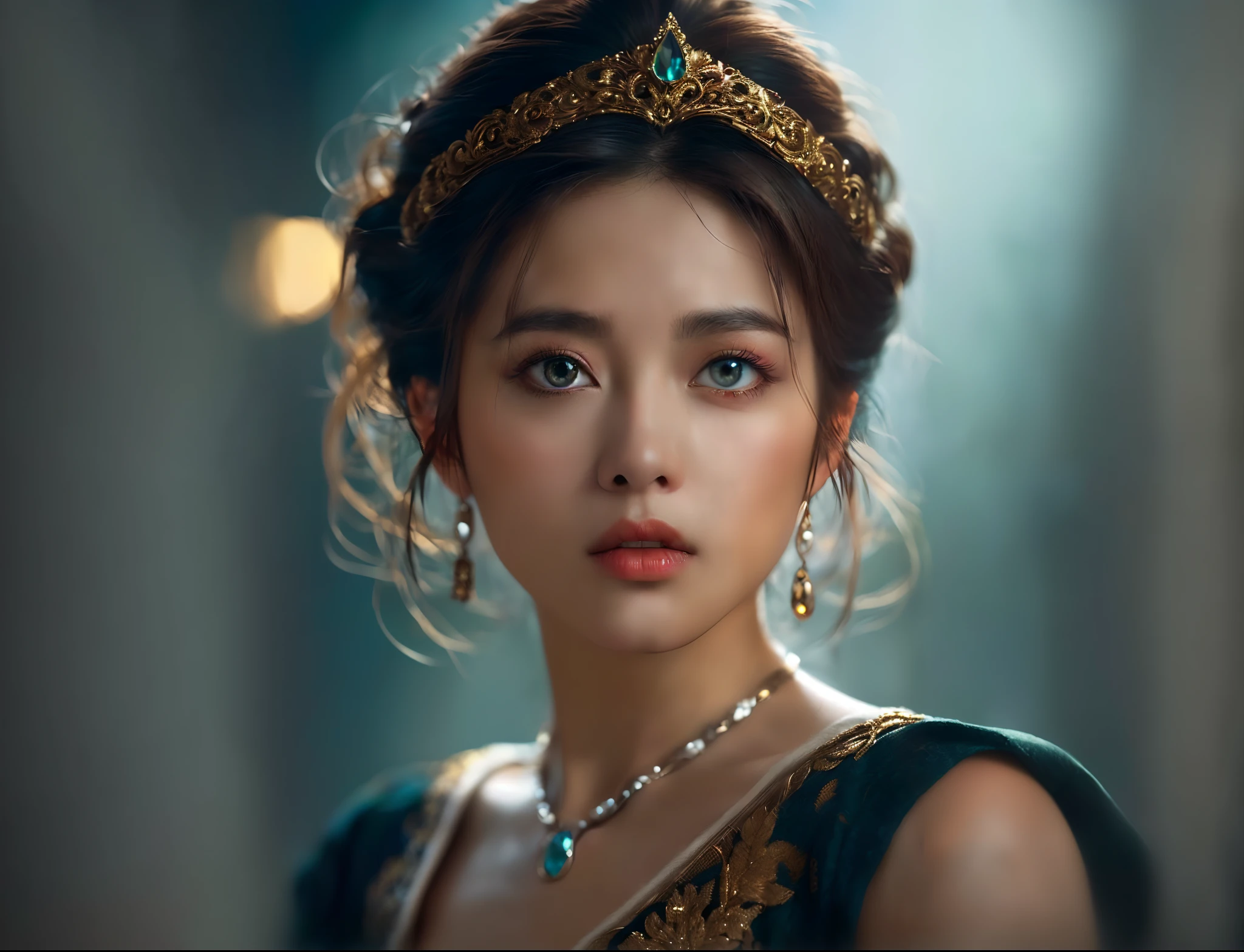 a close up of a woman wearing a tiable and a necklace, Soft portrait shot 8 K, Rendu portrait 8k, a beautiful fantasy empress, beautiful portrait image, gorgeous face portrait, beautiful fantasy portrait, beautiful fantasy art portrait, princess portrait, Palace , A girl in Hanfu, detailed beauty portrait, Phlegm sputum, phlegm. 4 k'', very beautiful portrait, beautiful female princess