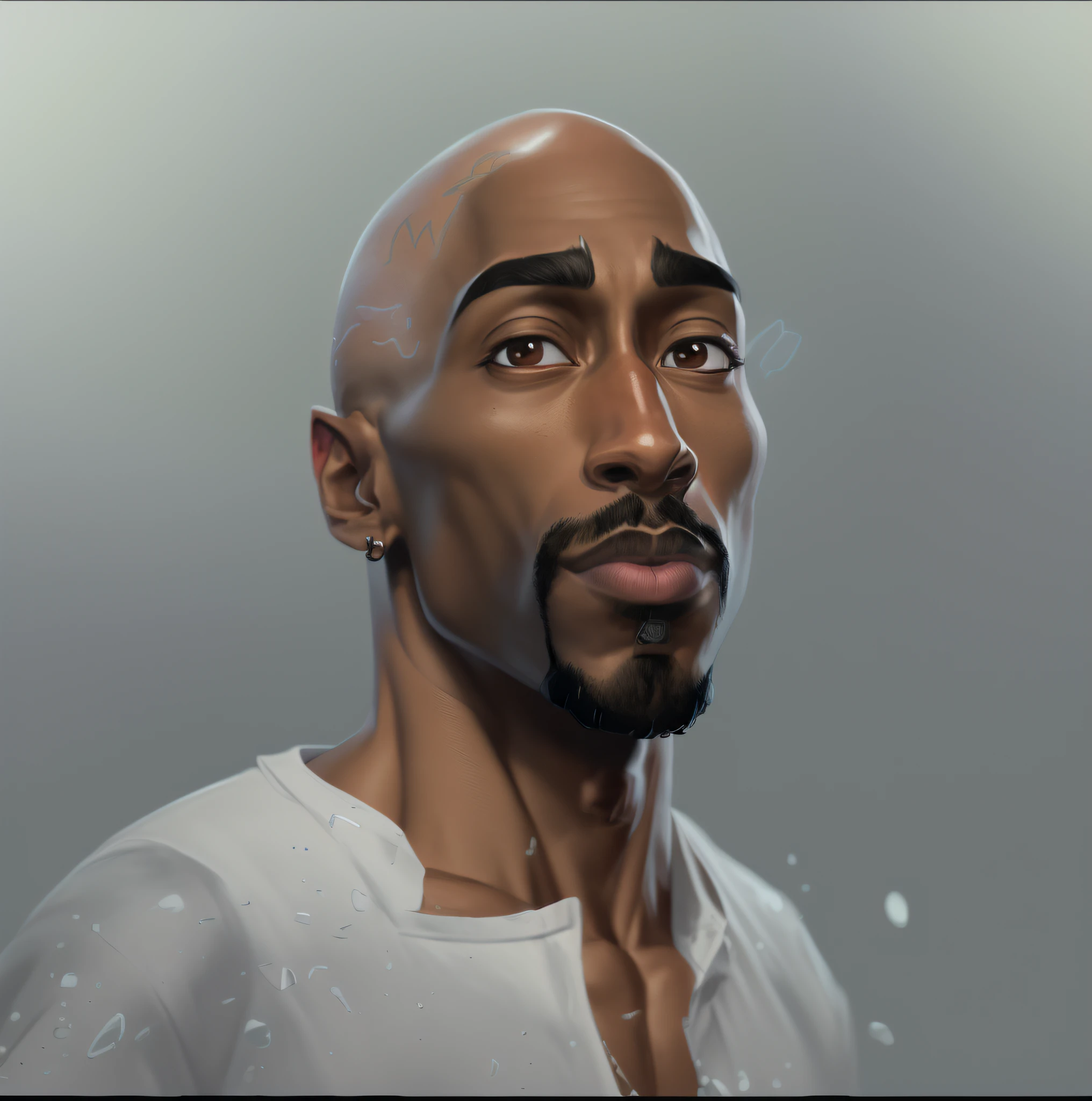 Ultra-detailed portrait of Tupac Shakur between the age of 21-24 Bald Hairstyle , in the style of Pixar and Disney, Makoto Shinkai, Katsuhiro Otomo, Thomas Kinkade, Greg Rutkowski, Mike Mignola and Ismail Inceoglu., Nose piercing posing , clothed in white shirt, fully tattooed body,, official product photo, b full product shot,
