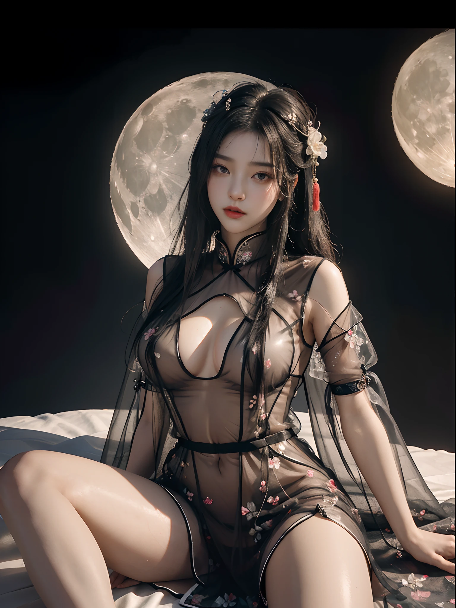 1. Ancient Chinese court girl,(((see through hanfu))),(((Transparent period costume))),Transparent Tang and Song court costumes,(((Huge Moon))),lying down,Skysky,Recumbent position,Top CG,Highest image quality,tmasterpiece,Delicate and delicate beautiful girl,(Tall and tall),Royal Sister,Queen temperament,with fair skin,Perfect facial features,Bright eyes,Red lips,Beautiful and cold, (Big breasts),Beautiful and handsome,Long black silky hair,glittery,Skin is visible through see-through,(((Transparent floral dress))),8K quality,(Realistic portraits),Characters fill the frame,((Face lighting)),((Ultra-thin transparent erotic clothing)),(Skin is visible through see-through),(View from directly below),Wet all over,(Hands behind your back),(Place your hands on the back of your head),(((Open your mind))),Exposed cleavage,(((spread their legs))),(((M-shaped legs))),(((spreading the crotch))),Straight and slender, Soft and delicate legs,