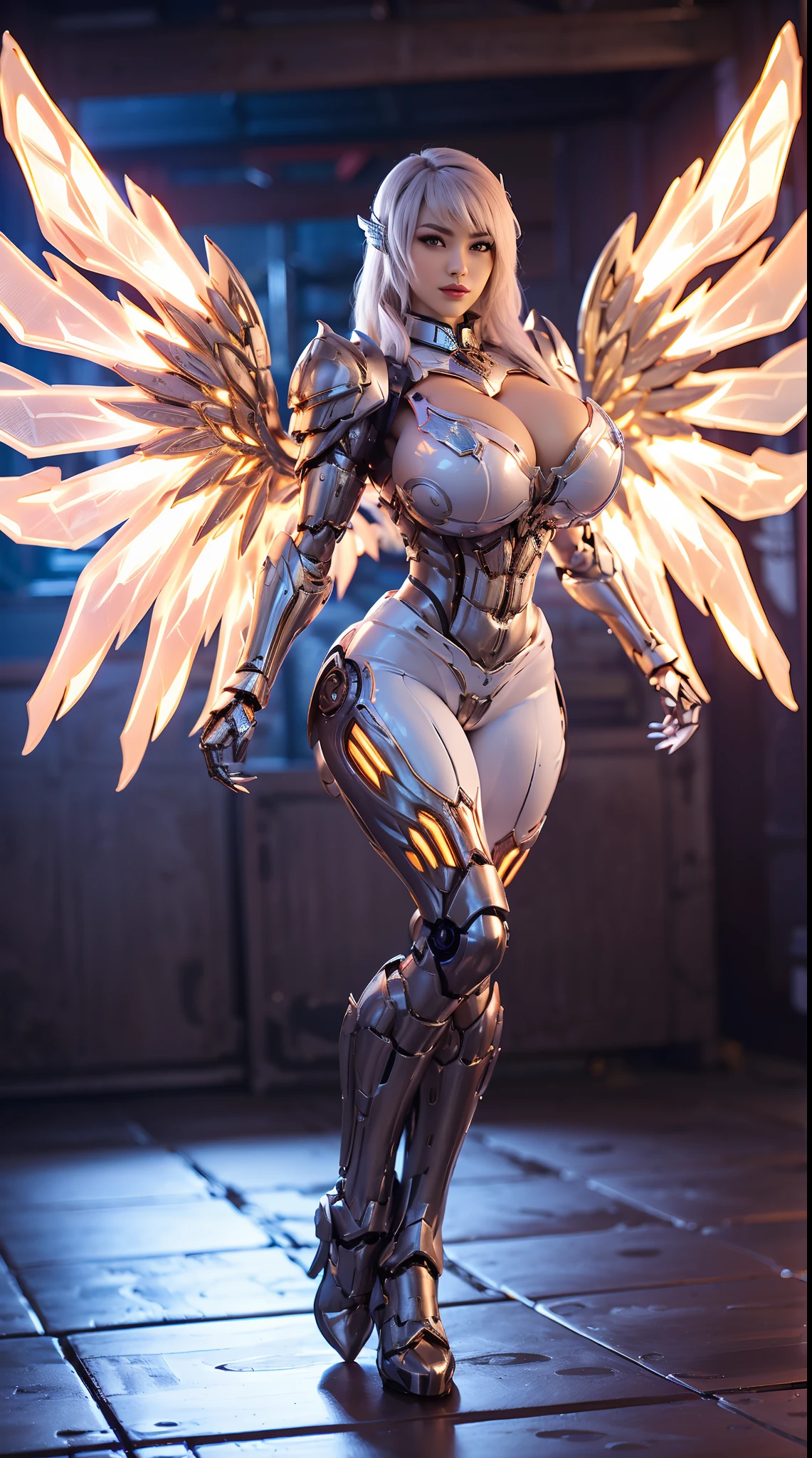 A CUTE WOMAN, BEAUTIFULL FACE, FRONT BANGS, HUGE FAKE BOOBS, WHITE, GOLD, SCARLET, (MECHA ARMOR FULL GEAR), (SKINTIGHT YOGA PANTS), (CLEAVAGE), ((A PAIR MECHANICAL DOUBLE WINGS:1.2)), (FULL BODY:1), TRANSPARANT, (TALL LEGS:1), (STANDING), (SEXY BODY:1), (MUSCLE ABS:1).