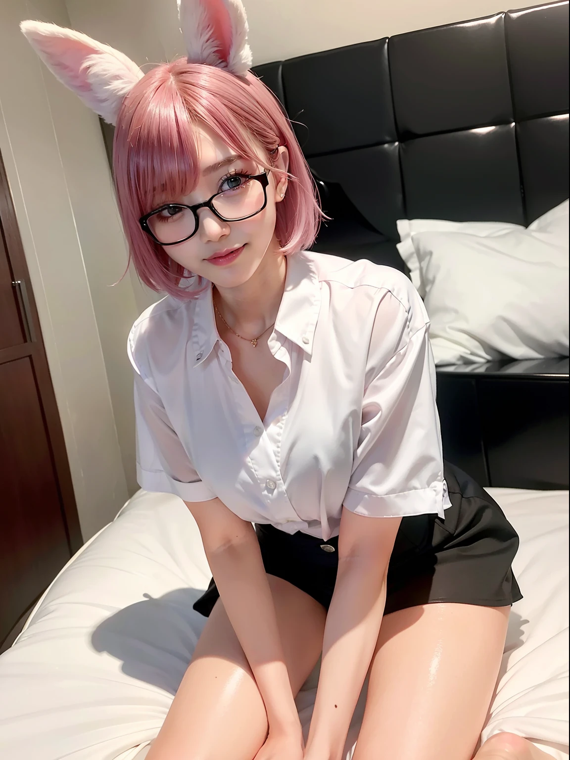 Pink short cut hair,Wearing glasses、put on glasses、(8K, top-quality, masterpiece:1.2), (realisitic, Photorealsitic:1.37), ultra-detailliert, 1 girl in, full body Esbian, Hotel Rooms, (Adjusted hair:1.5) Officelady, Black Office Blazer, black office skirt,white shirt, (panthyhose: 1.2)、(Short button-down shirt:1.2)、Button Up Color Prim、Button Down Color Prim、bura、(panthyhose:1.2)、Alpha Layer、high-heels、cute little、独奏、Beautiful detailed sky、(A smile:1.15)、(Mouth closed)、tiny chest、Eyes in Beautiful Details、Business attire、(short-hair:1.2)、Floating Hair NovaFrogStyle、Hotel Bed、masuter piece、Pink Shortcut Bob、Realistic rabbit ears、Pink realistic rabbit ears、Realistic ears of rabbits sticking out of the head、Pink hair、Beautiful girl in her 20s、Bewitching atmosphere、Beautiful shaped hands、K-POP、Pink rabbit ears、1 girl in、独奏、masterpiece、top-quality、realisitic、Hyper-detailing、(Glossy skin:1.4)、absurderes、short pink hair、Slender beauties、动态照明、hight resolution、foco nítido、depth of fields、(thick thight:1.0)、A slender :1.2,((Short-cut bob hair))、((k pop:1.3)),Highly detailed facial and skin texture、((魅惑的)),Anatomically correct number of fingers,Correct anatomy