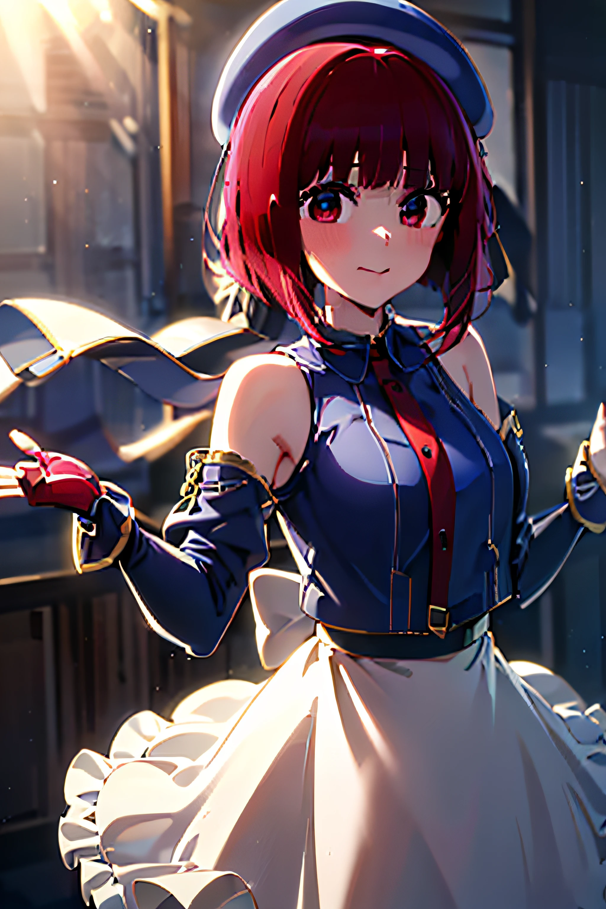 (best quality,4k,8k,highres,masterpiece,Arima Kana, idol outfit:1.2), idol, idol gloves, music, idol dress, idol attire, red idol outfit, red gloves, oshi no ko, blue beret, blue hat, blunt bangs, shirt, dynamic lighting,fierce colors,sharp focus,high contrast,soft shadows,HD rendering