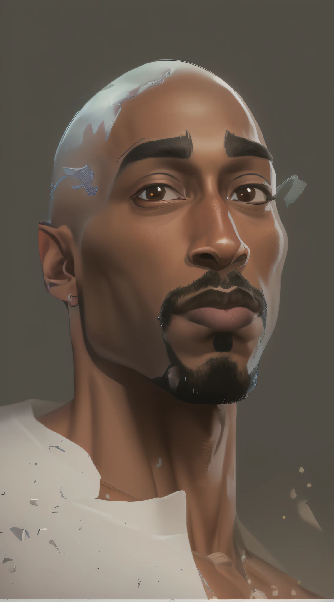Ultra-detailed portrait of Tupac Shakur between the age of 21-24 Bald Hairstyle , in the style of Pixar and Disney, Makoto Shinkai, Katsuhiro Otomo, Thomas Kinkade, Greg Rutkowski, Mike Mignola and Ismail Inceoglu., Nose piercing posing , clothed in white shirt, fully tattooed body,, official product photo, b full product shot,