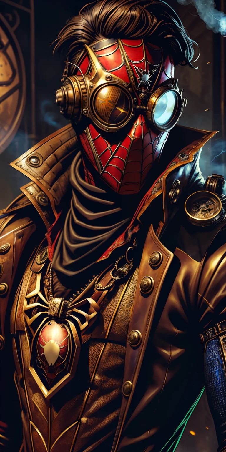 Spider-Man Steampunk sports a leather and brass suit adorned with mechanical details. Its chest features a spider gear that is a steam generator. He uses steam cannons on his wrists as "spiderwebs". His mask has smoked lenses and aviator-style goggles.. Battle mechanical villains and command pirate airships in an alternate industrial age. 🕸️🚂🔧