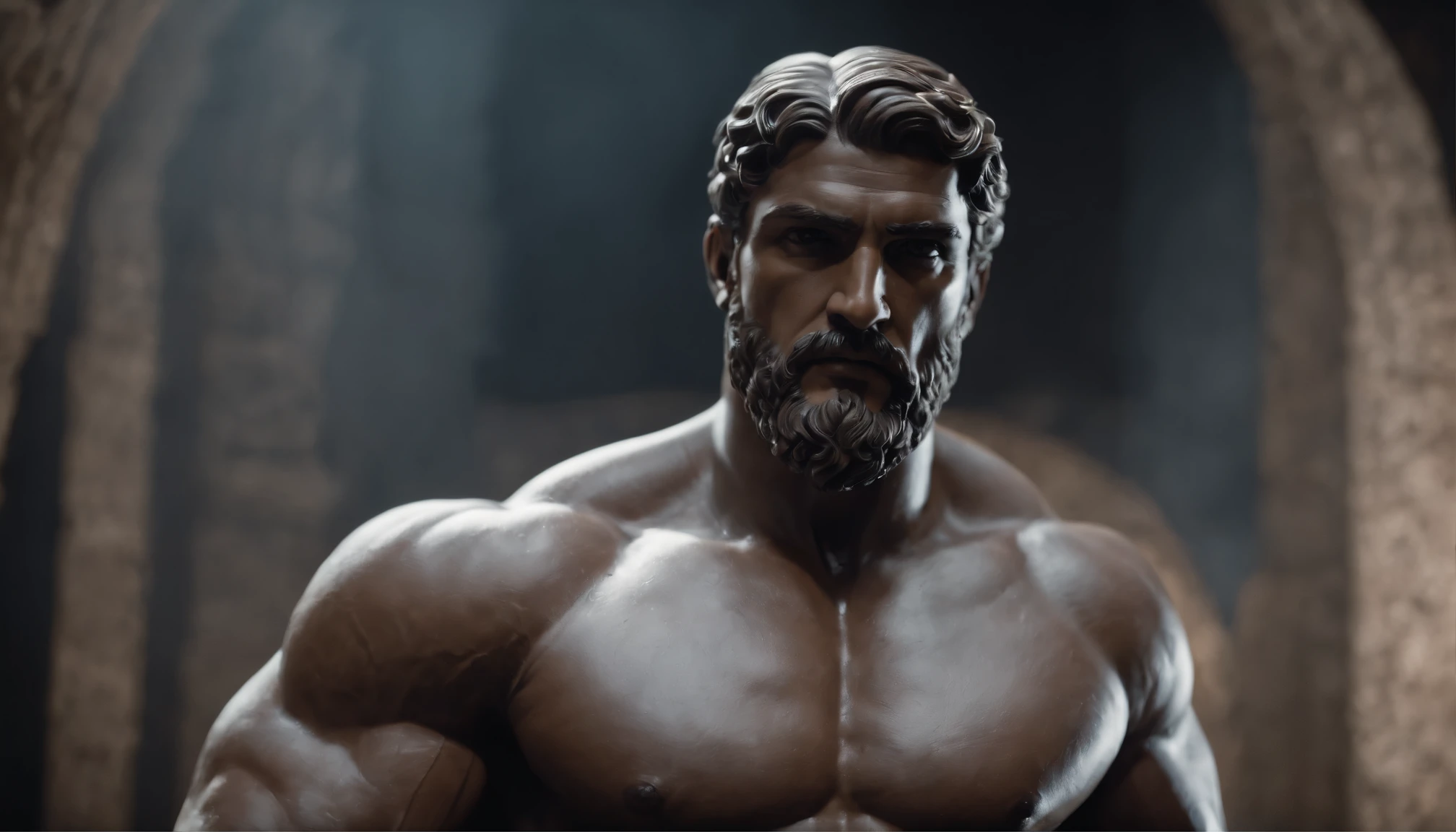 Stoic Greek Hercules style statue with highlighted muscles dark background